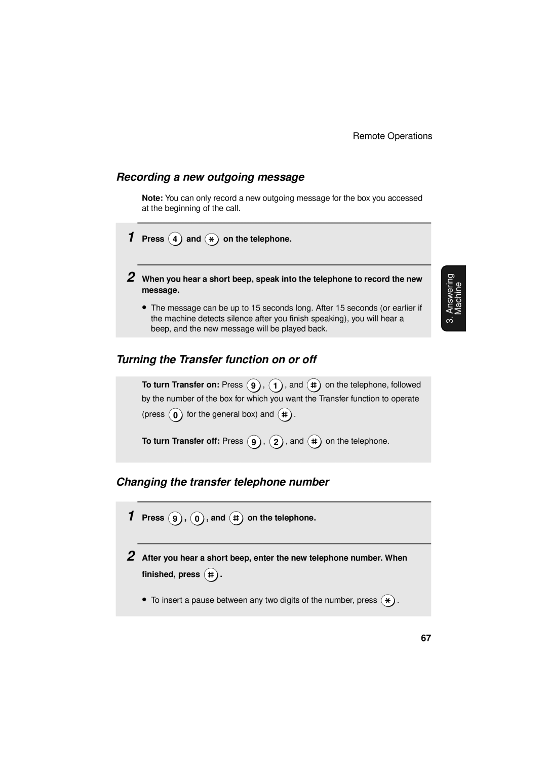 West Bend Back to Basics UX-CC500 manual Recording a new outgoing message, Turning the Transfer function on or off 