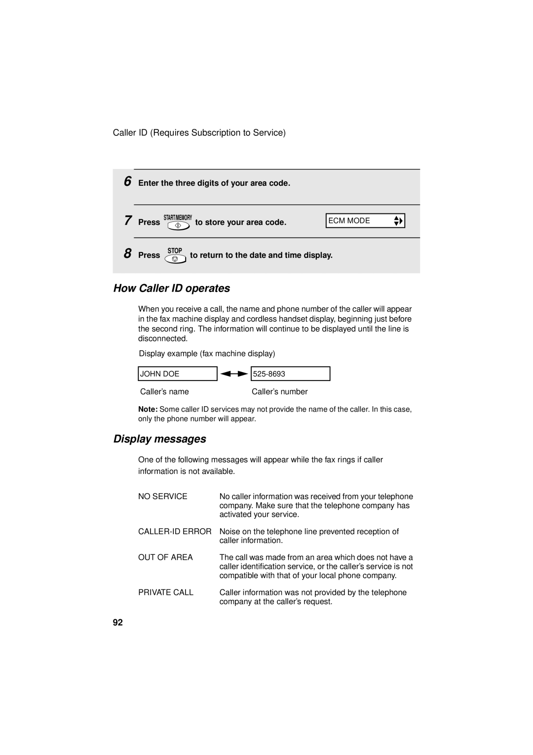 West Bend Back to Basics UX-CC500 How Caller ID operates, Display messages, Caller ID Requires Subscription to Service 