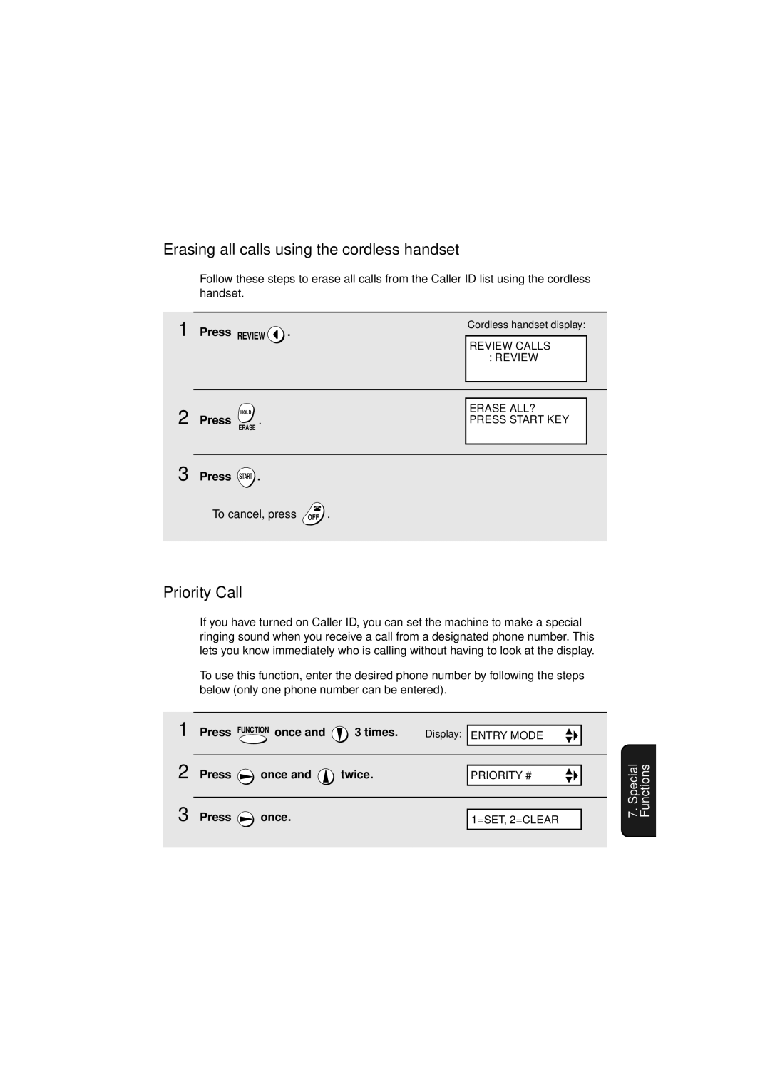 West Bend Back to Basics UX-CC500 manual Erasing all calls using the cordless handset, Priority Call, To cancel, press 