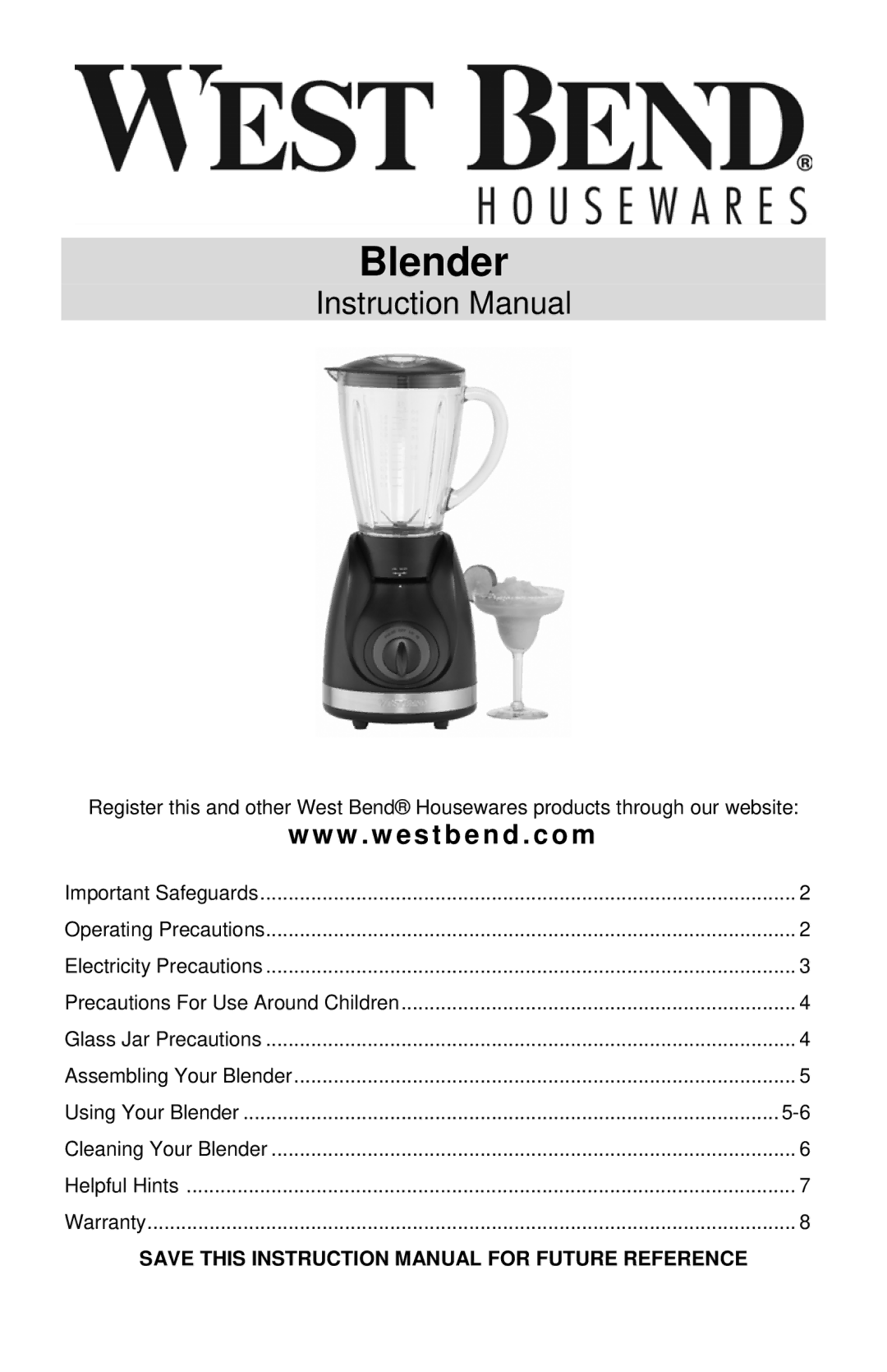 West Bend Blender instruction manual Www . westbend . com 