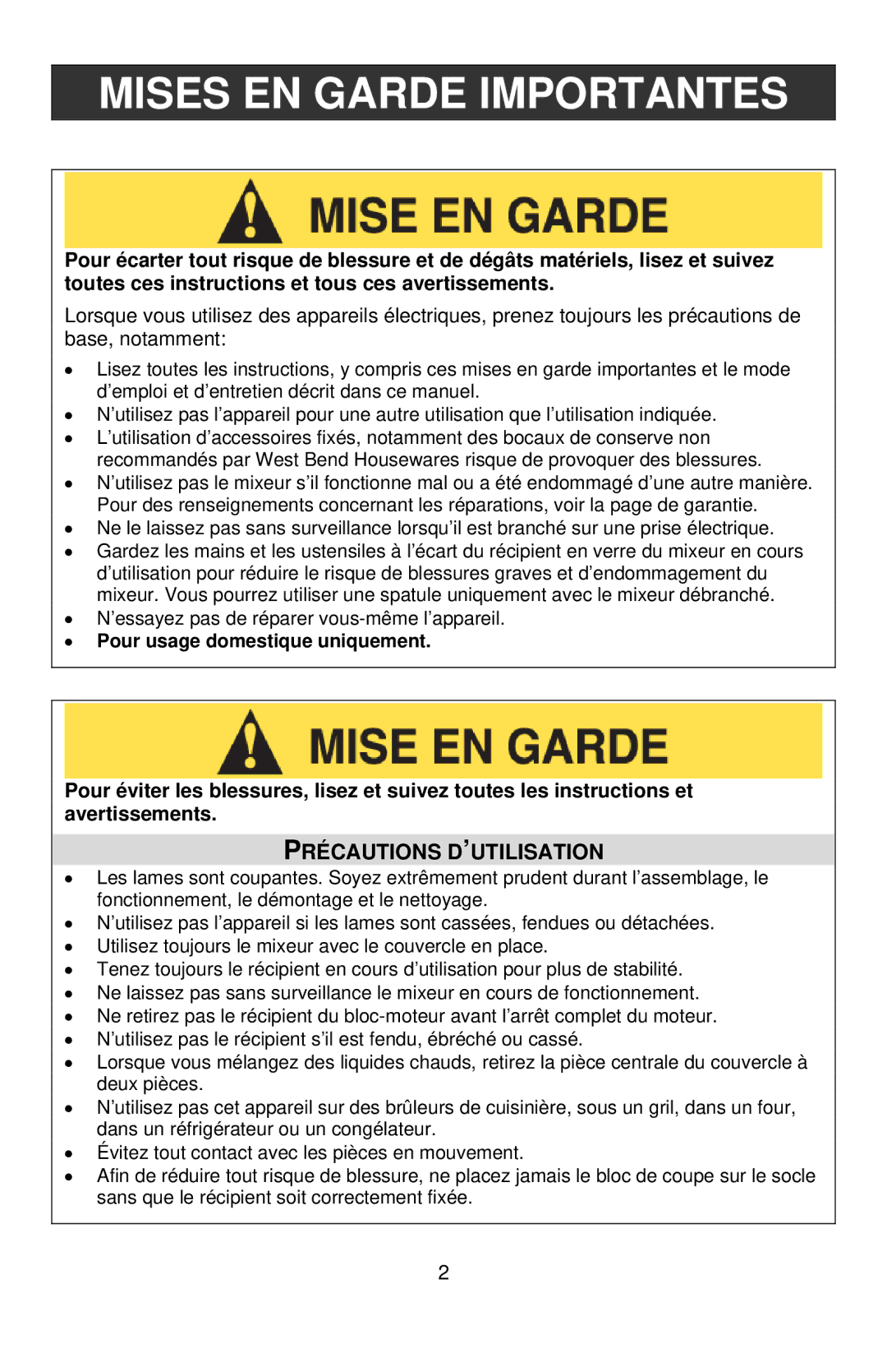 West Bend Blender instruction manual Mises EN Garde Importantes, Précautions D’UTILISATION 