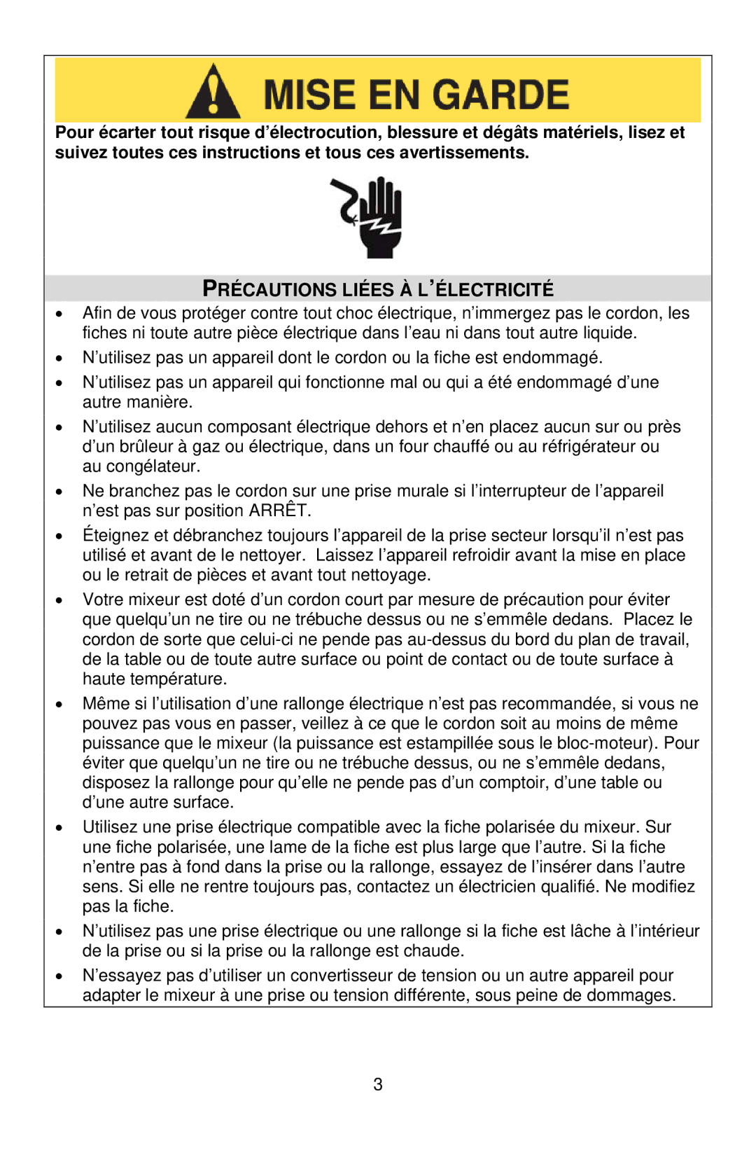 West Bend Blender instruction manual Précautions Liées À L’ÉLECTRICITÉ 