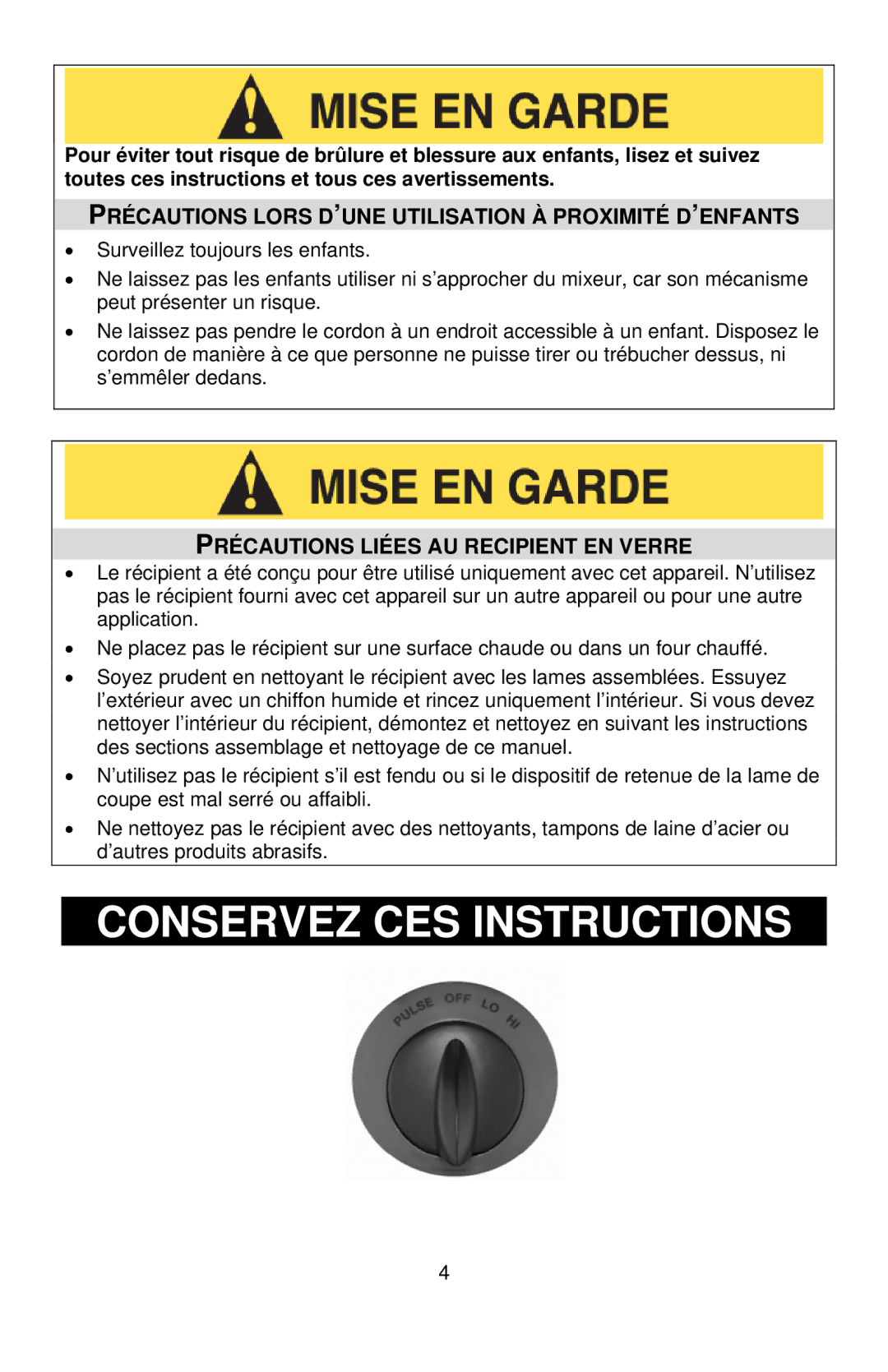 West Bend Blender Précautions Lors D’UNE Utilisation À Proximité D’ENFANTS, Précautions Liées AU Recipient EN Verre 