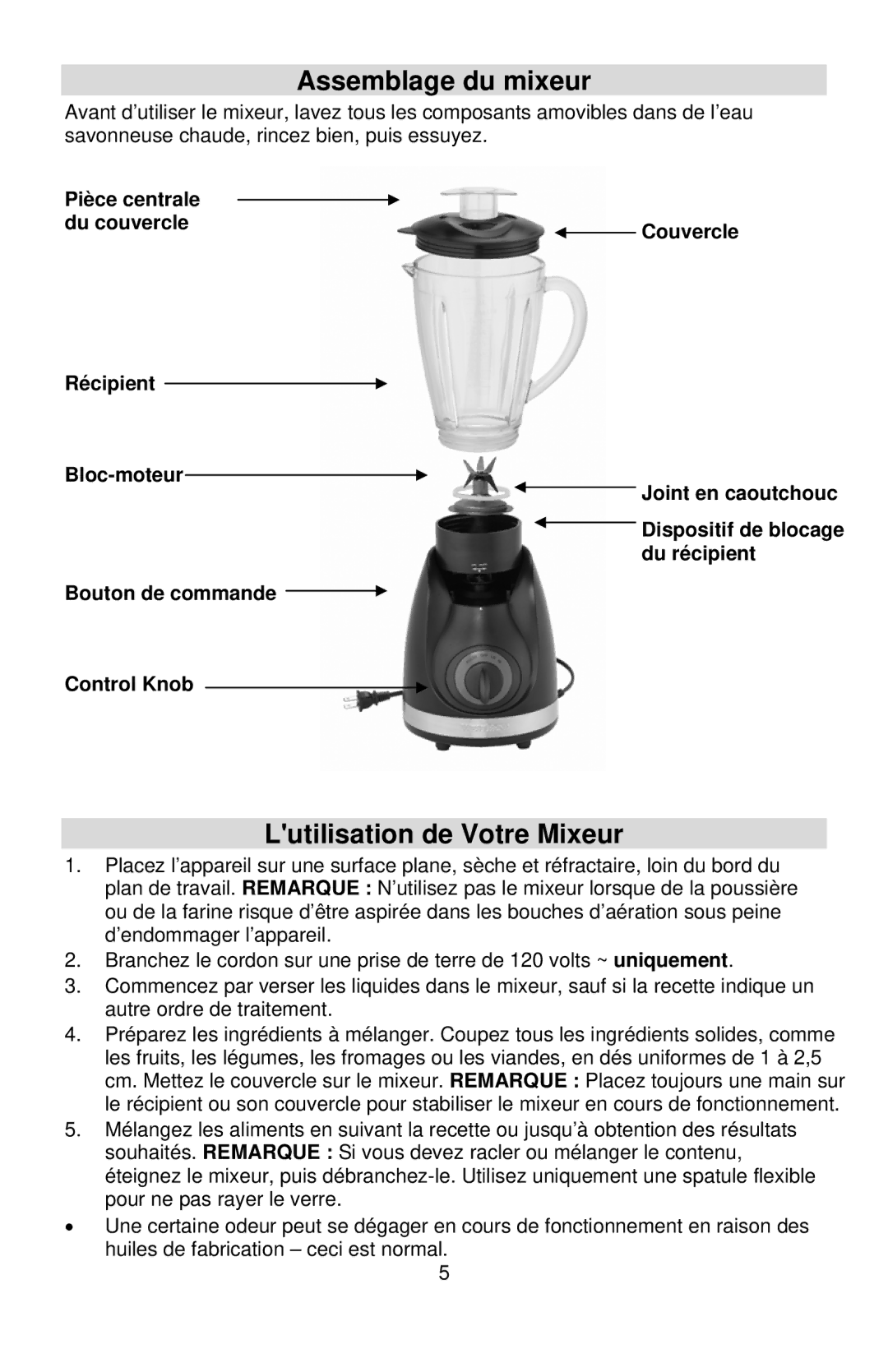 West Bend Blender instruction manual Assemblage du mixeur, Lutilisation de Votre Mixeur 