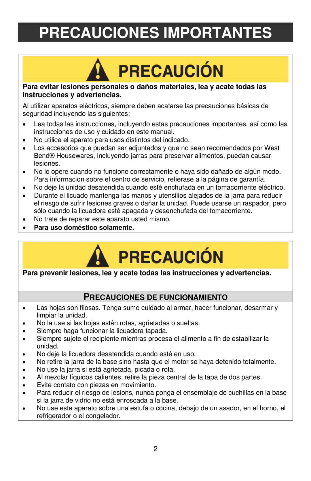 West Bend Blender instruction manual Precauciones Importantes, Precauciones DE Funcionamiento 