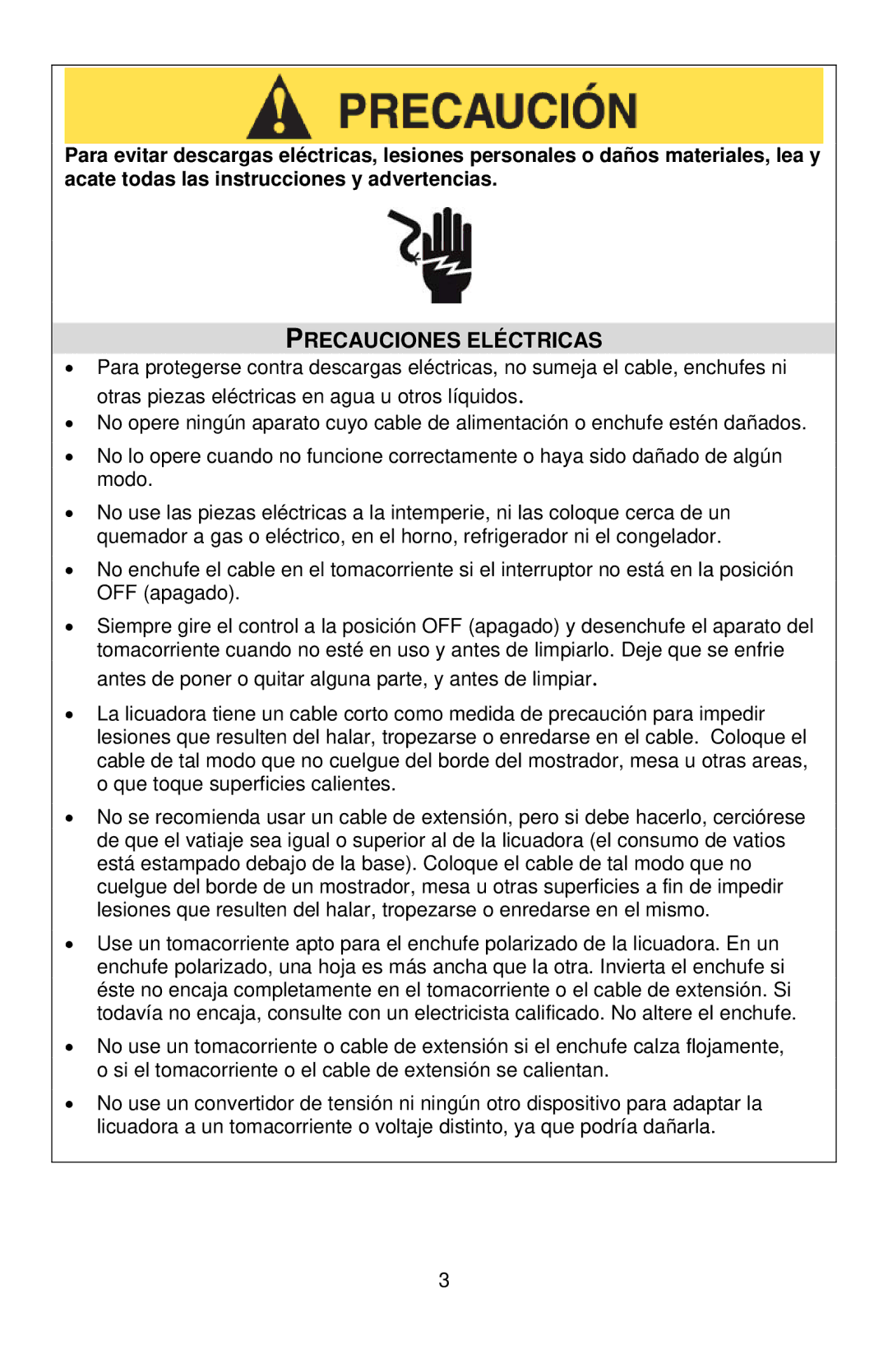 West Bend Blender instruction manual Precauciones Eléctricas 