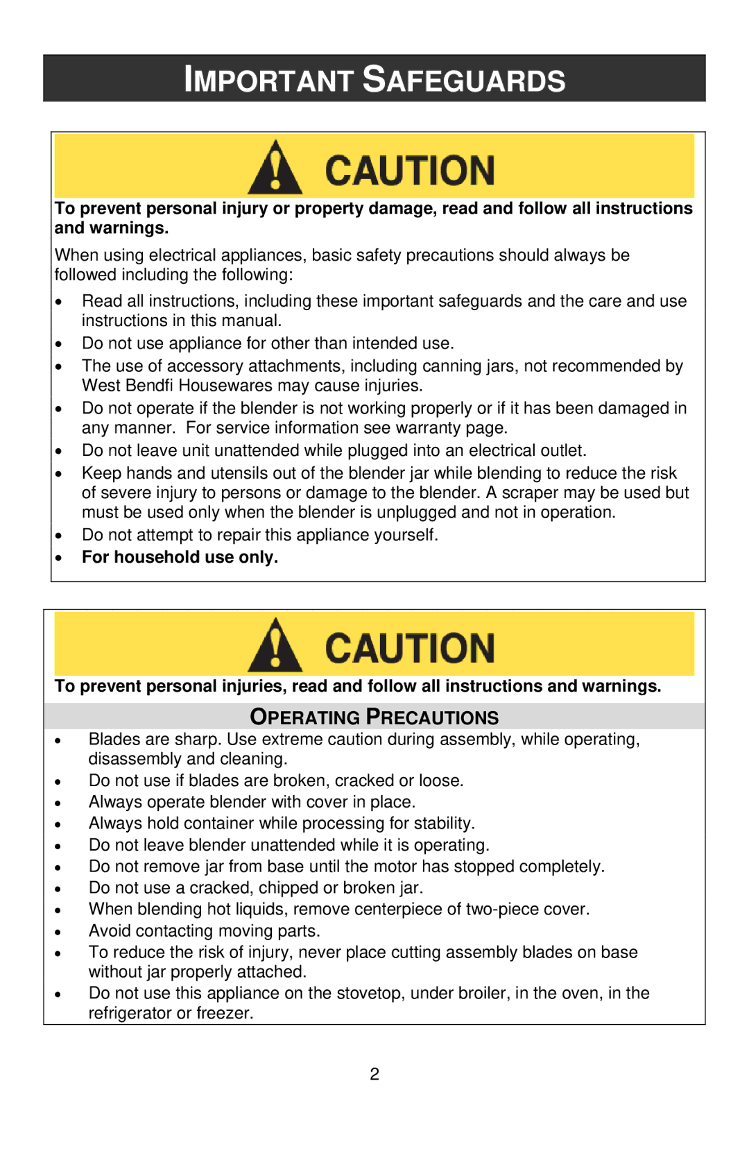 West Bend Blender instruction manual Important Safeguards, Operating Precautions 