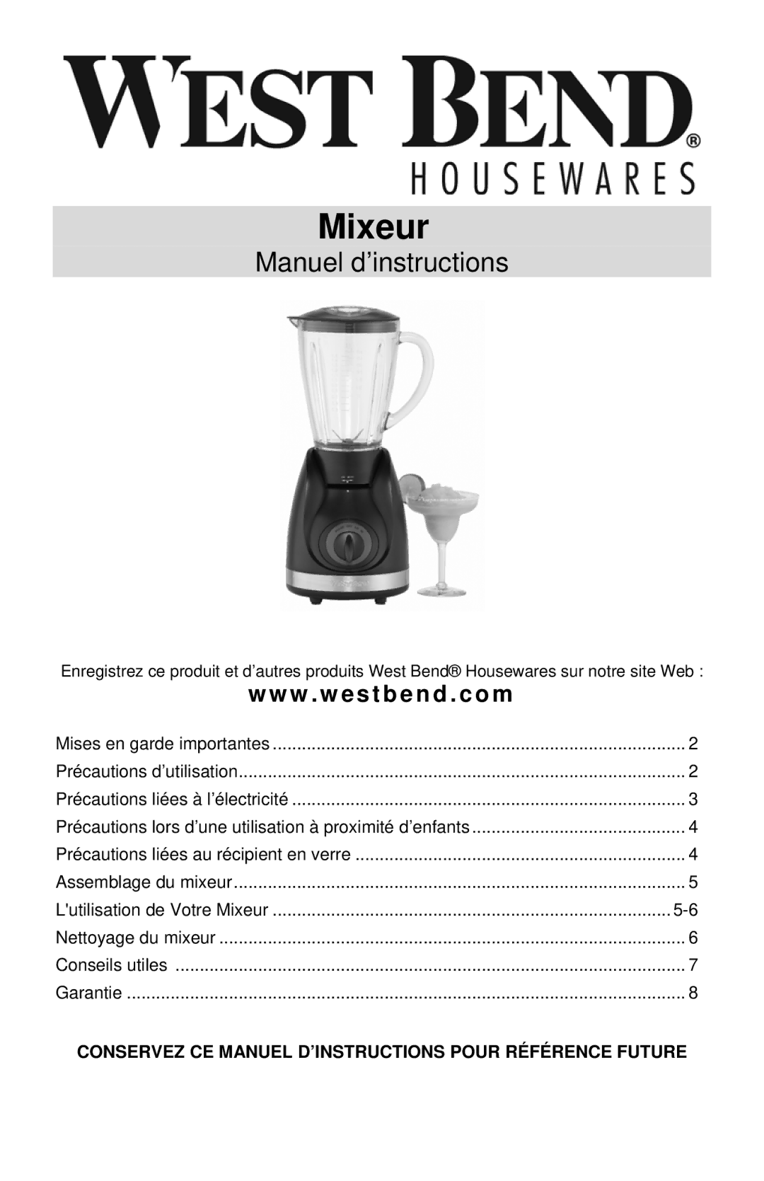 West Bend Blender instruction manual Mixeur 