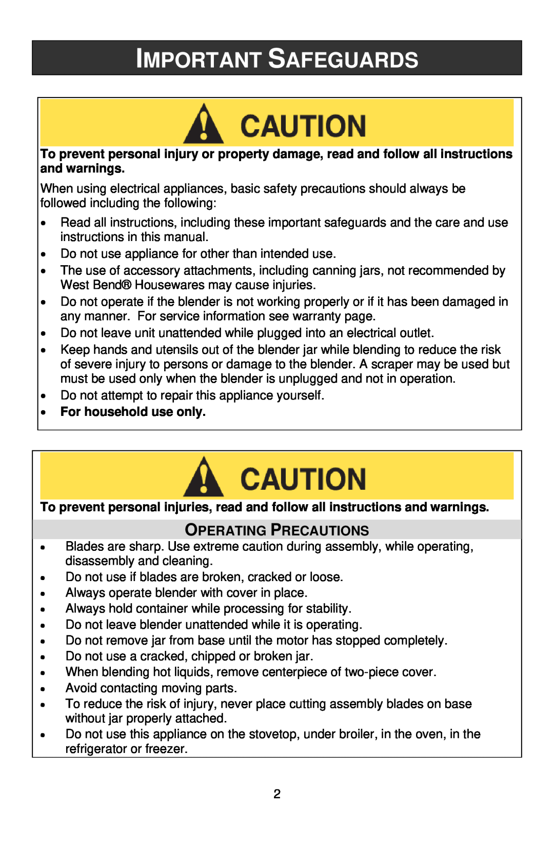 West Bend Blender instruction manual Operating Precautions, For household use only, Important Safeguards 