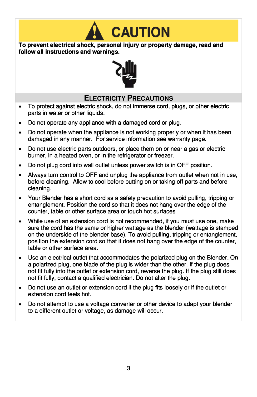 West Bend Blender instruction manual Electricity Precautions 