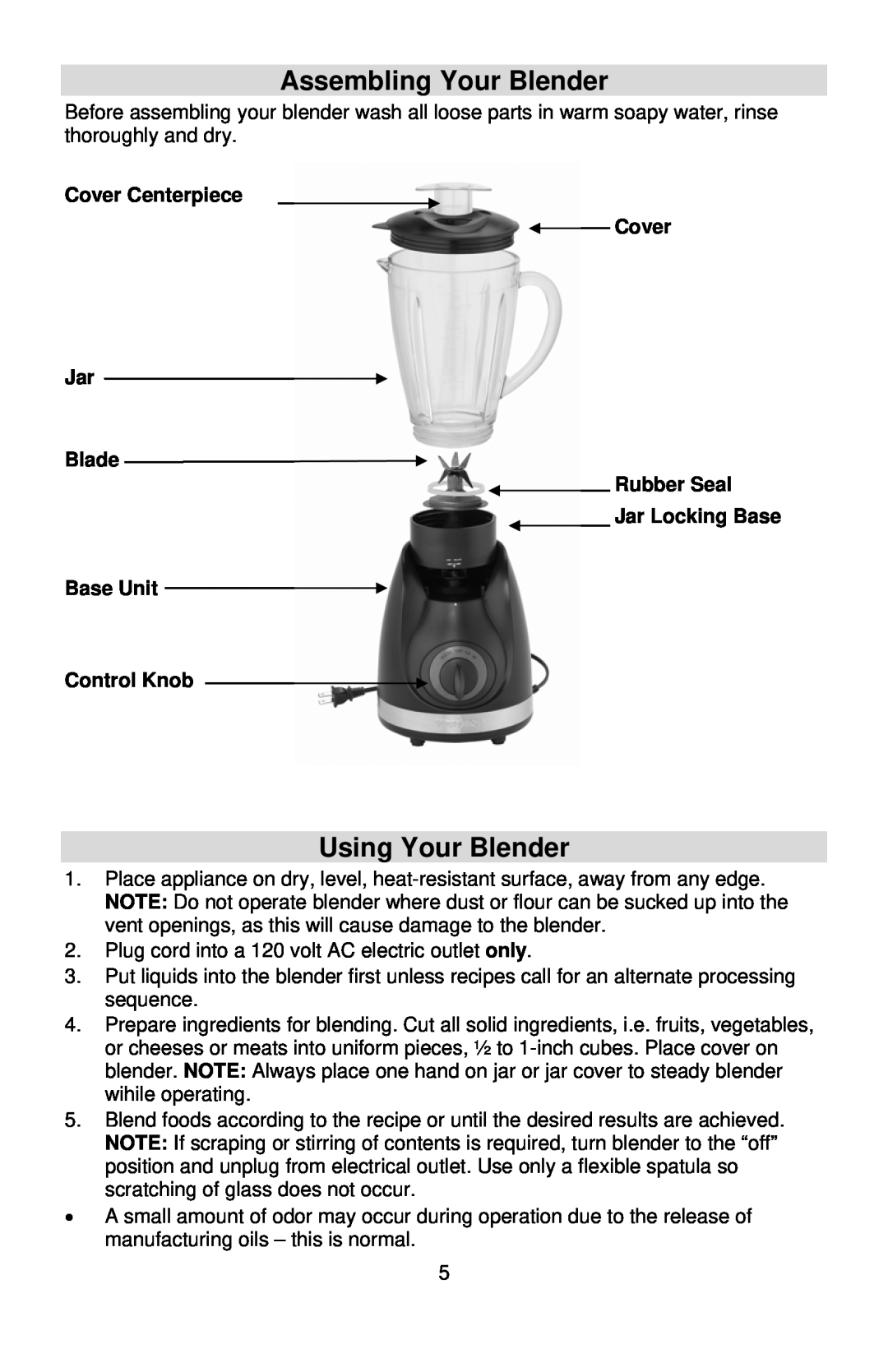 West Bend instruction manual Assembling Your Blender, Using Your Blender, Cover Centerpiece Cover Jar Blade Rubber Seal 