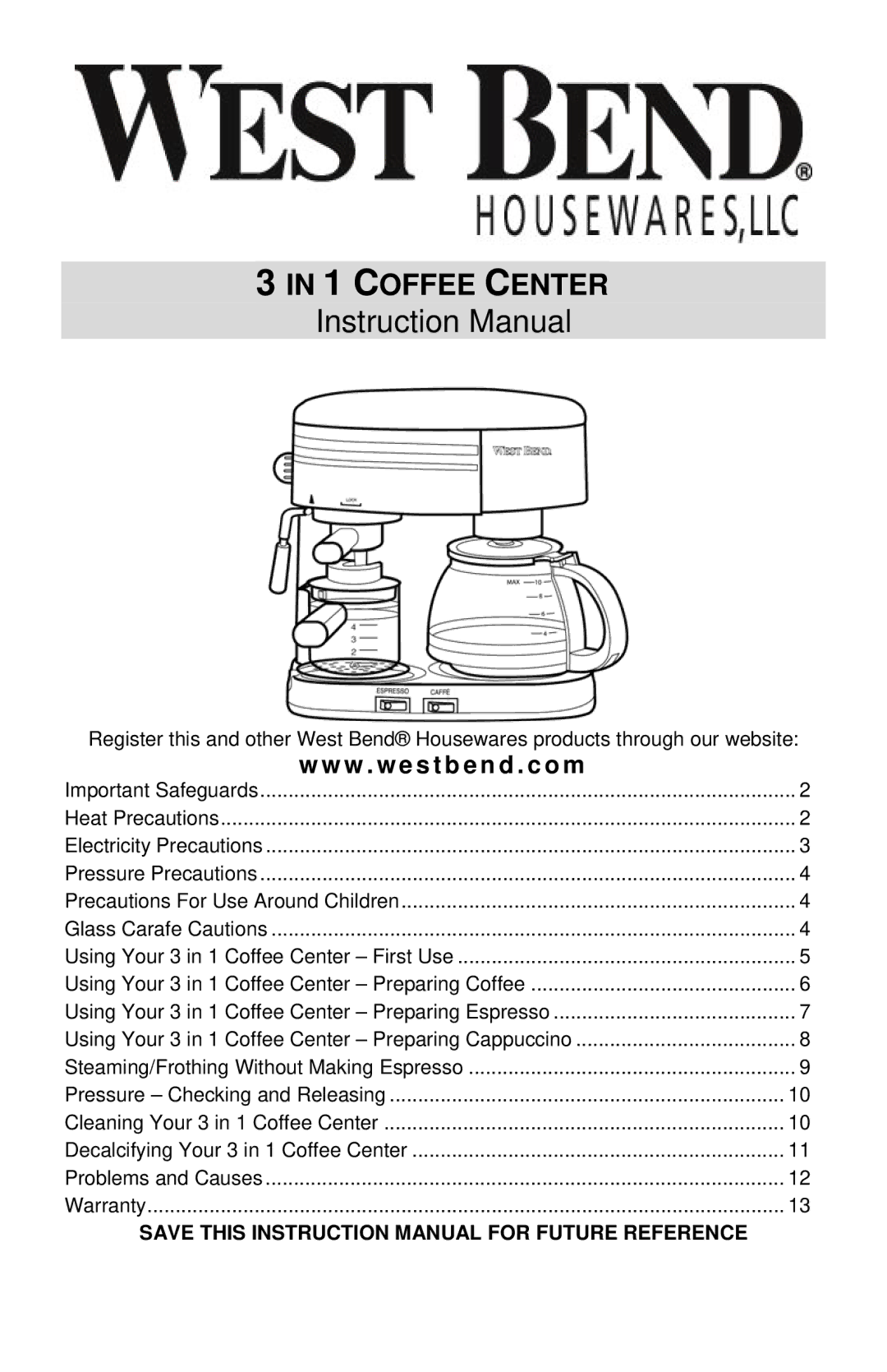 West Bend COFFEE CENTER instruction manual Coffee Center 