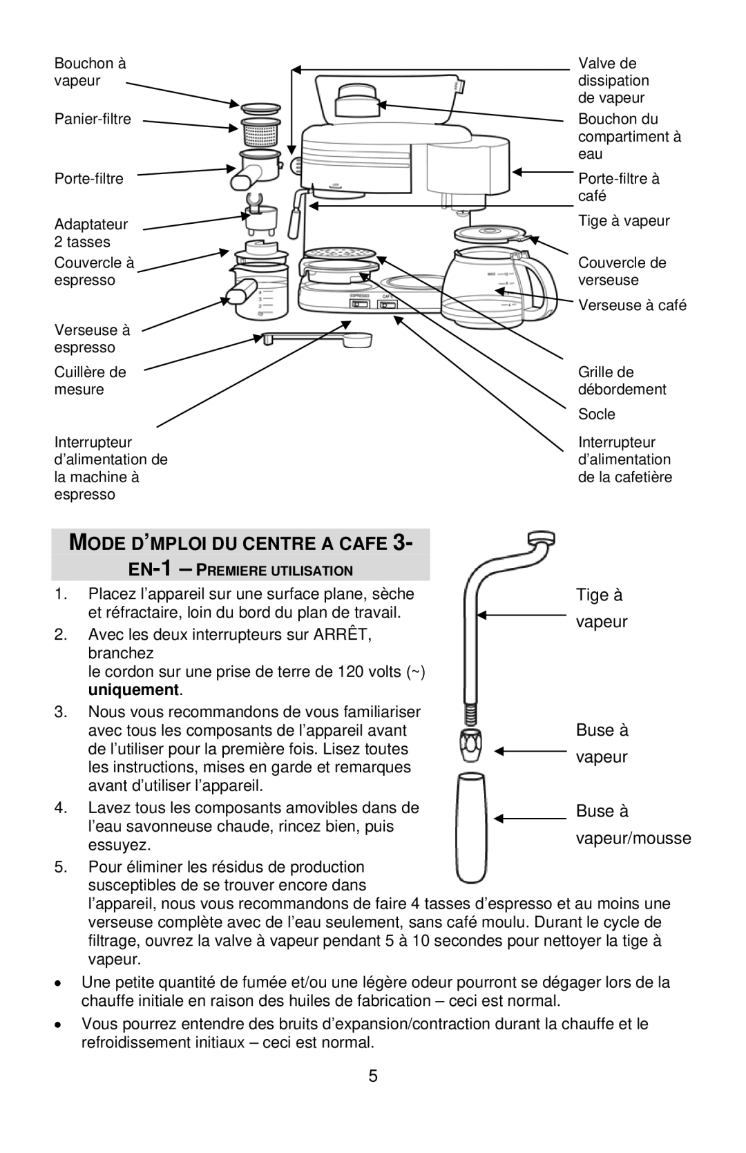 West Bend COFFEE CENTER instruction manual Mode D’MPLOI DU Centre a Cafe, Tige à vapeur Buse à vapeur 