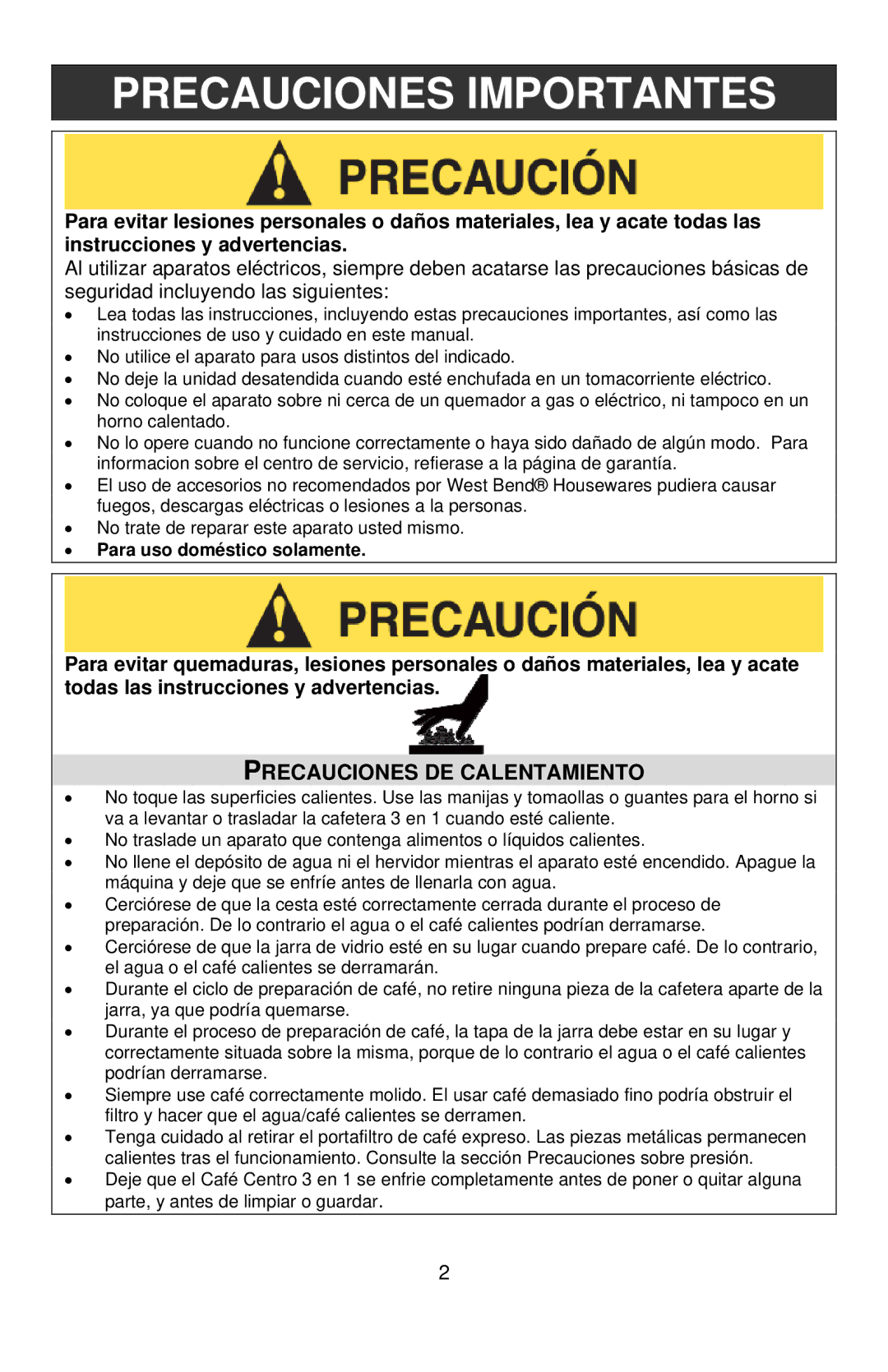 West Bend COFFEE CENTER instruction manual Precauciones Importantes, Precauciones DE Calentamiento 