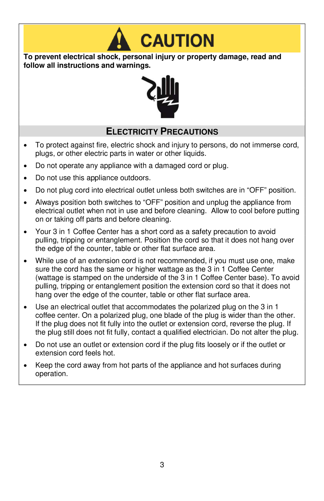 West Bend COFFEE CENTER instruction manual Electricity Precautions 
