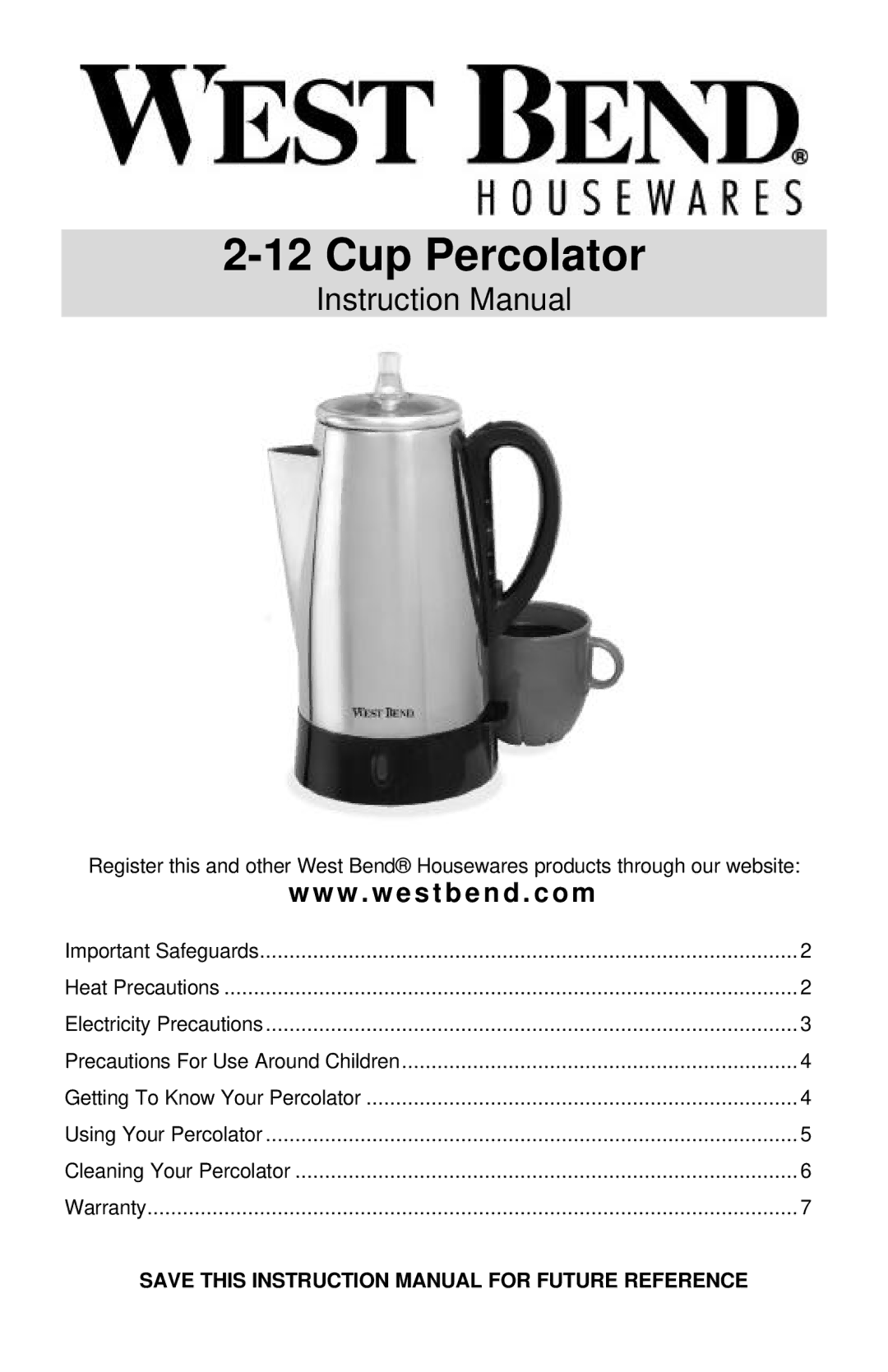 West Bend Coffeemaker manual Cup Percolator, W . w e s t b e n d . c o m 