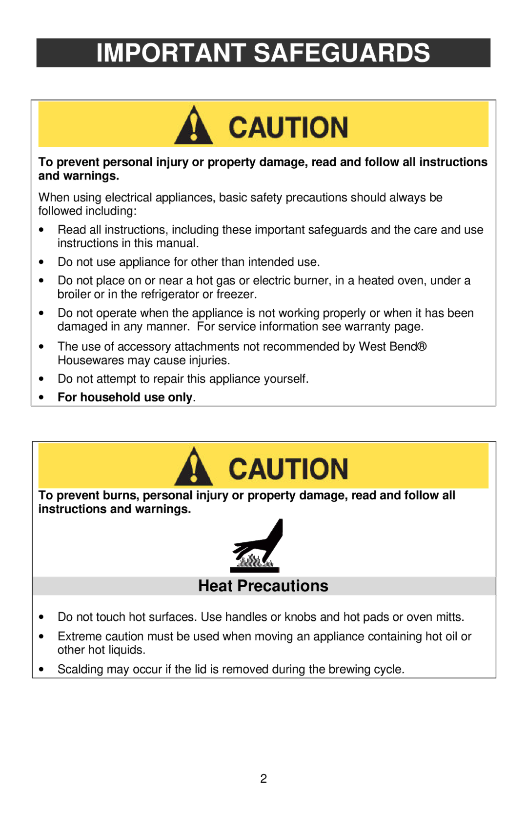 West Bend Coffeemaker manual Important Safeguards, Heat Precautions 