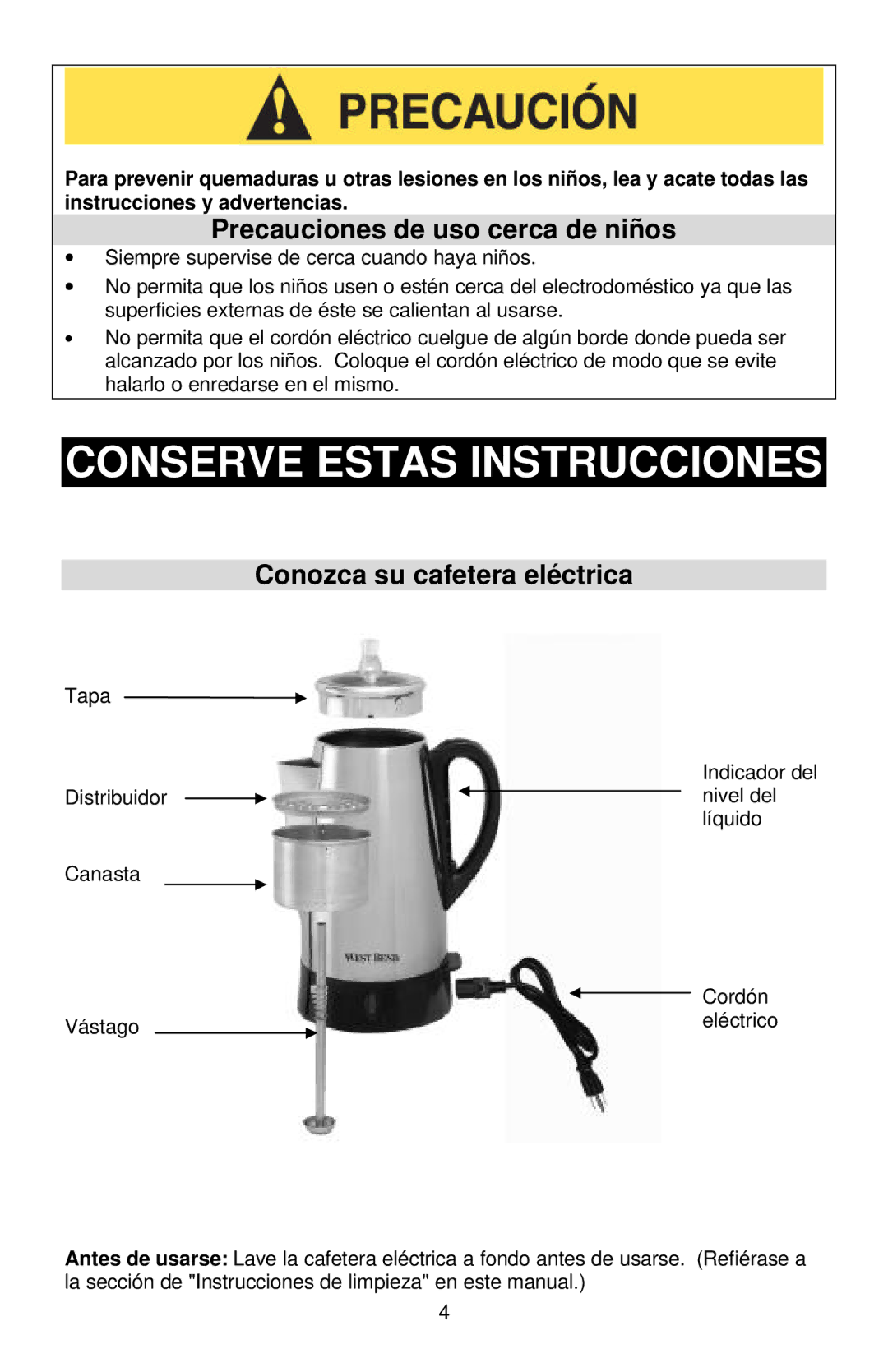 West Bend Coffeemaker Conserve Estas Instrucciones, Precauciones de uso cerca de niños, Conozca su cafetera eléctrica 