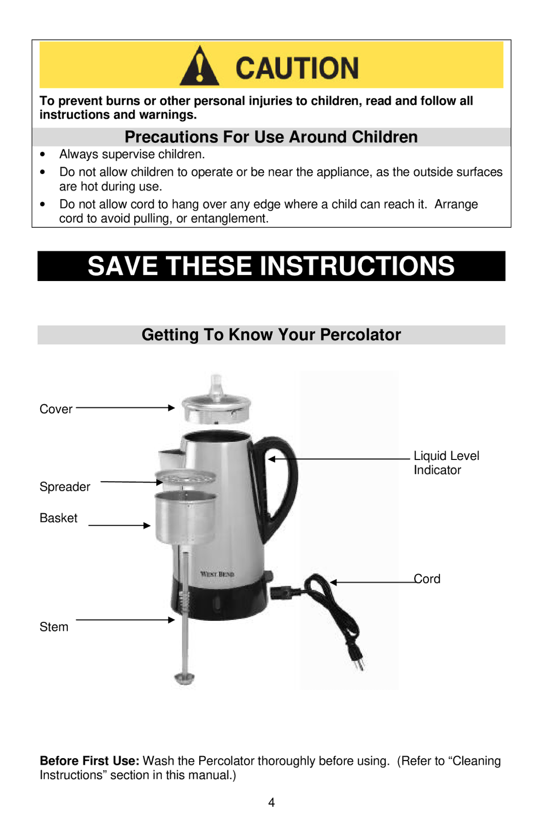 West Bend Coffeemaker manual Precautions For Use Around Children, Getting To Know Your Percolator 