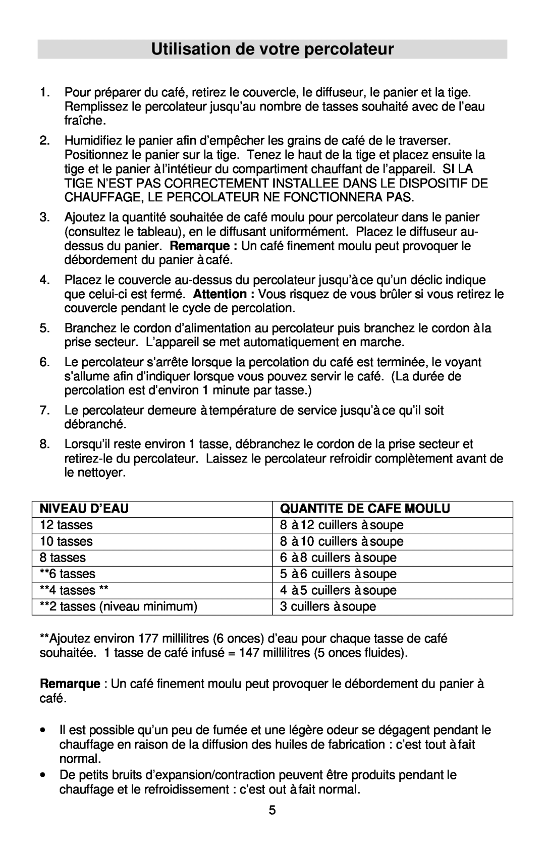 West Bend Coffeemaker manual Utilisation de votre percolateur, Niveau D’Eau, Quantite De Cafe Moulu 