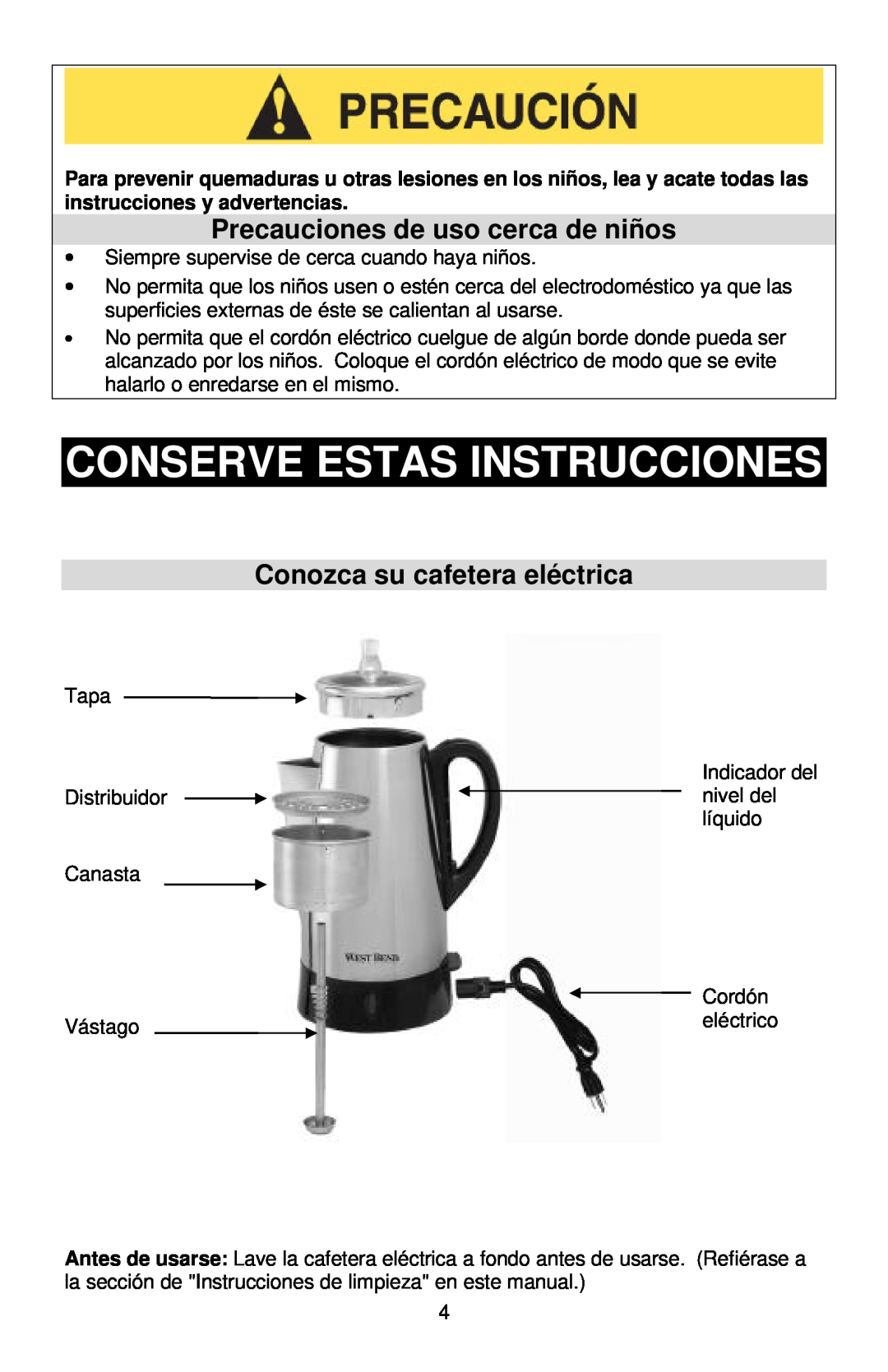West Bend Coffeemaker Conserve Estas Instrucciones, Precauciones de uso cerca de niños, Conozca su cafetera eléctrica 