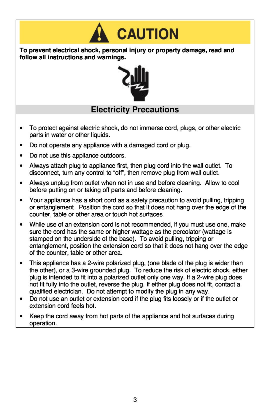 West Bend Coffeemaker manual Electricity Precautions 