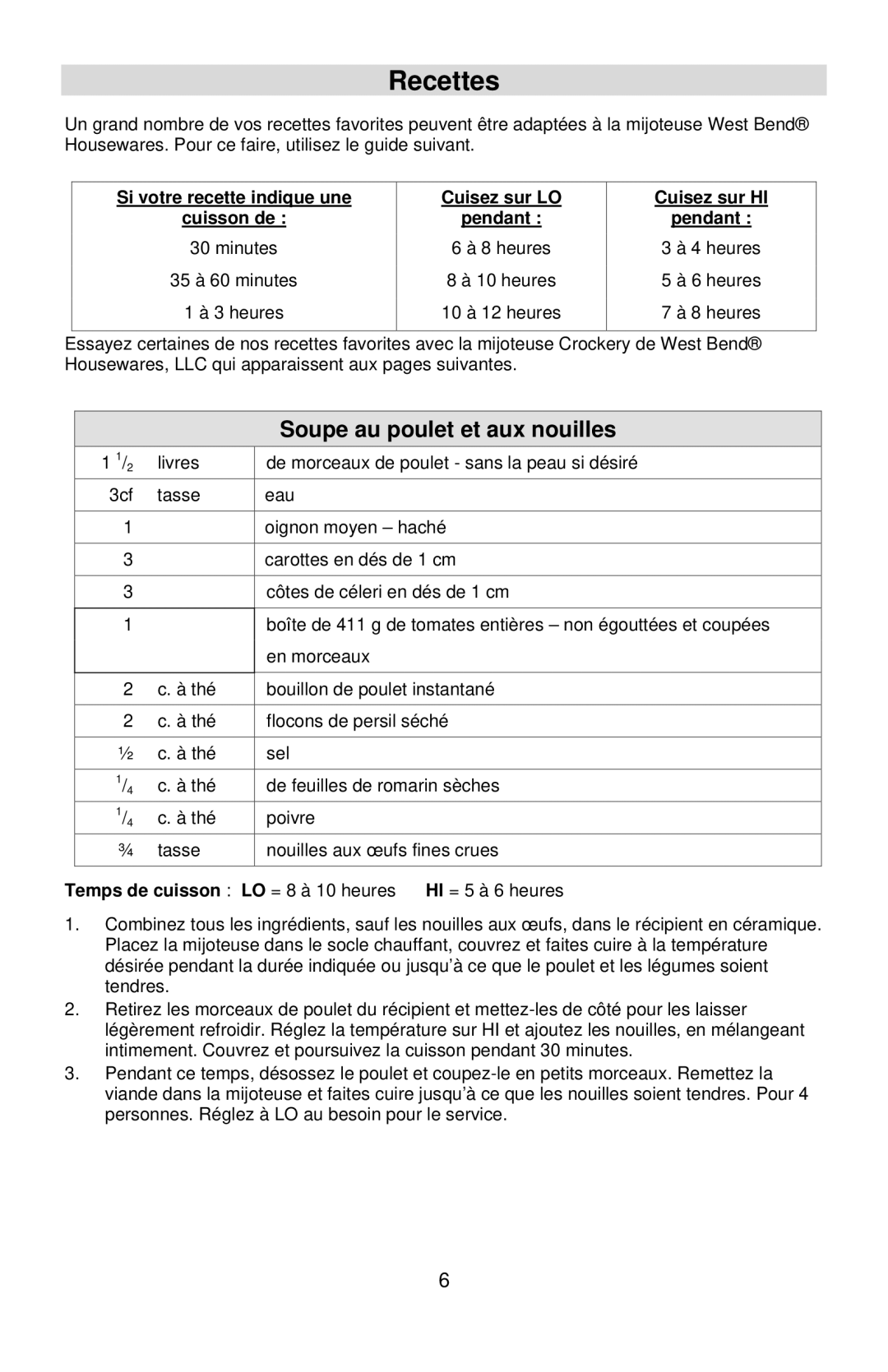 West Bend Cooker instruction manual Recettes, Soupe au poulet et aux nouilles 