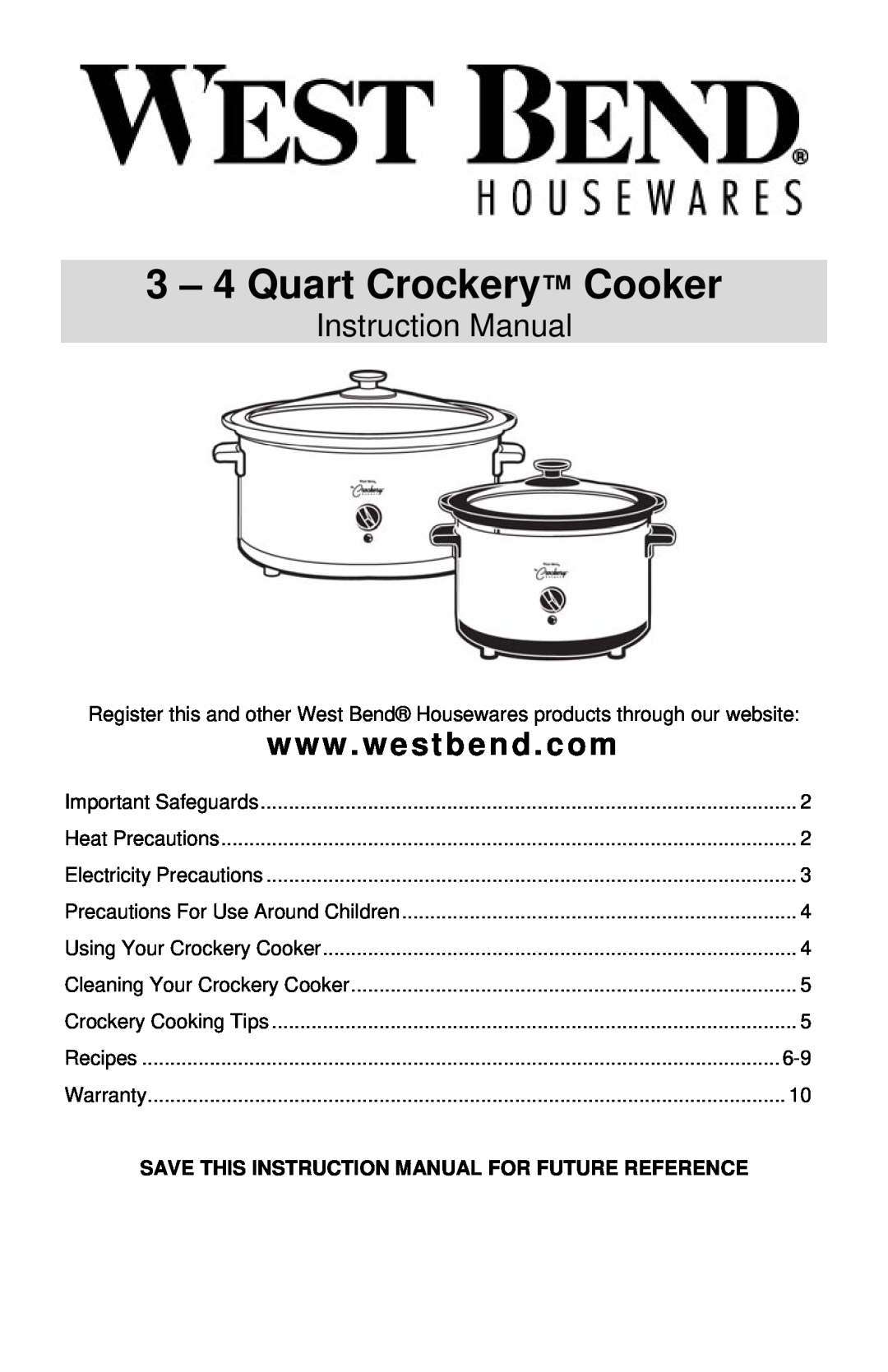 West Bend instruction manual 3 – 4 Quart Crockery Cooker, Instruction Manual 