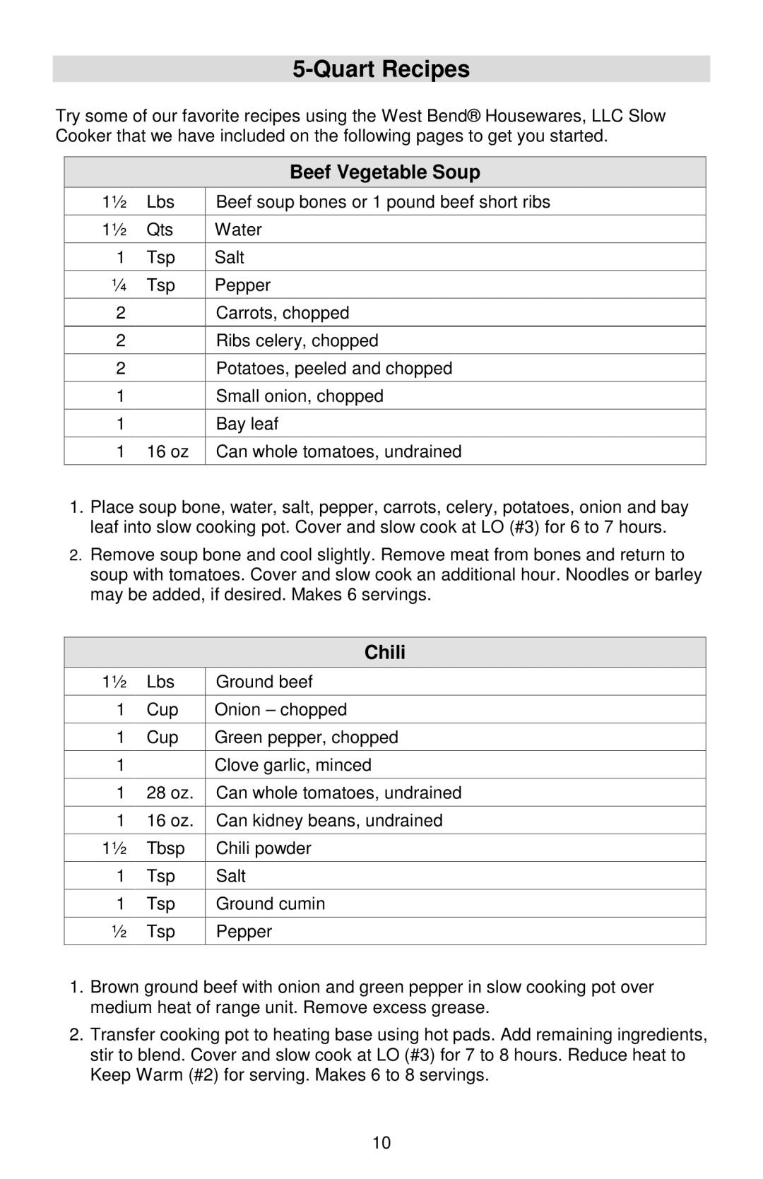West Bend Cookers instruction manual Quart Recipes, Beef Vegetable Soup, Chili 