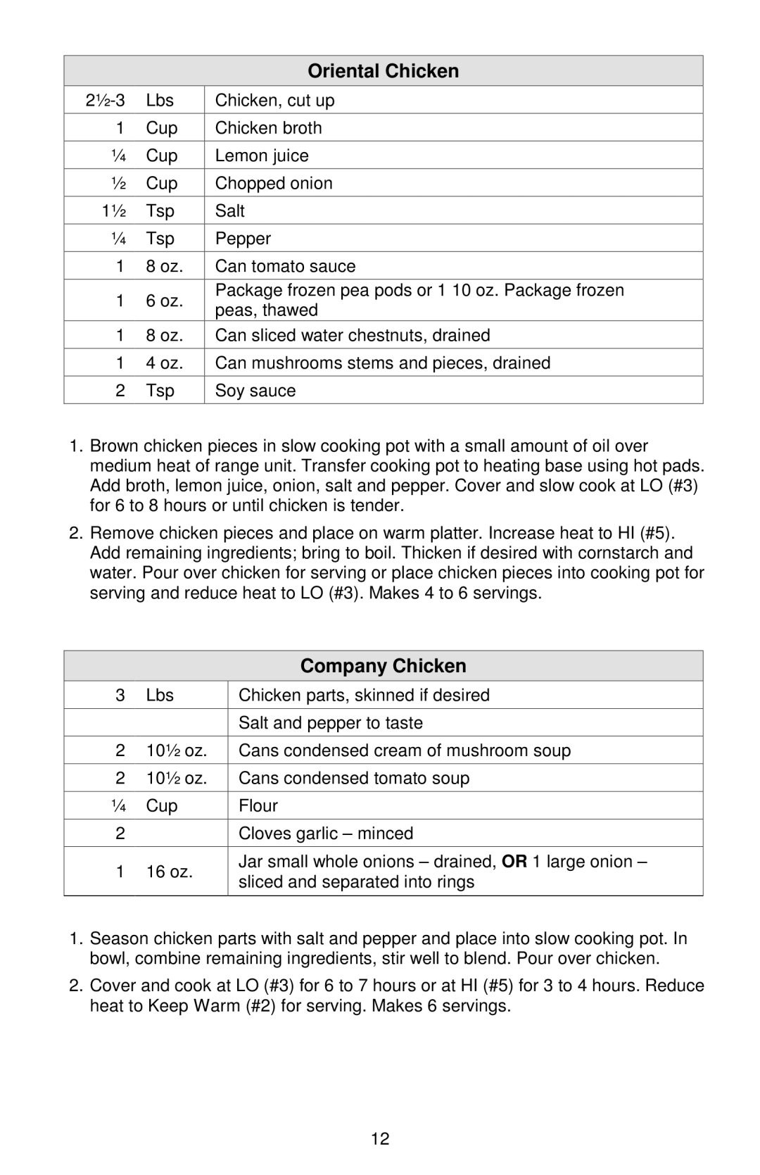 West Bend Cookers instruction manual Oriental Chicken, Company Chicken 