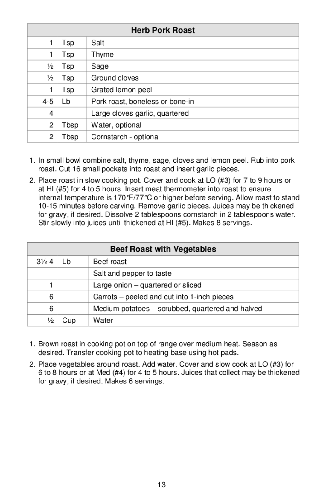 West Bend Cookers instruction manual Herb Pork Roast, Beef Roast with Vegetables 