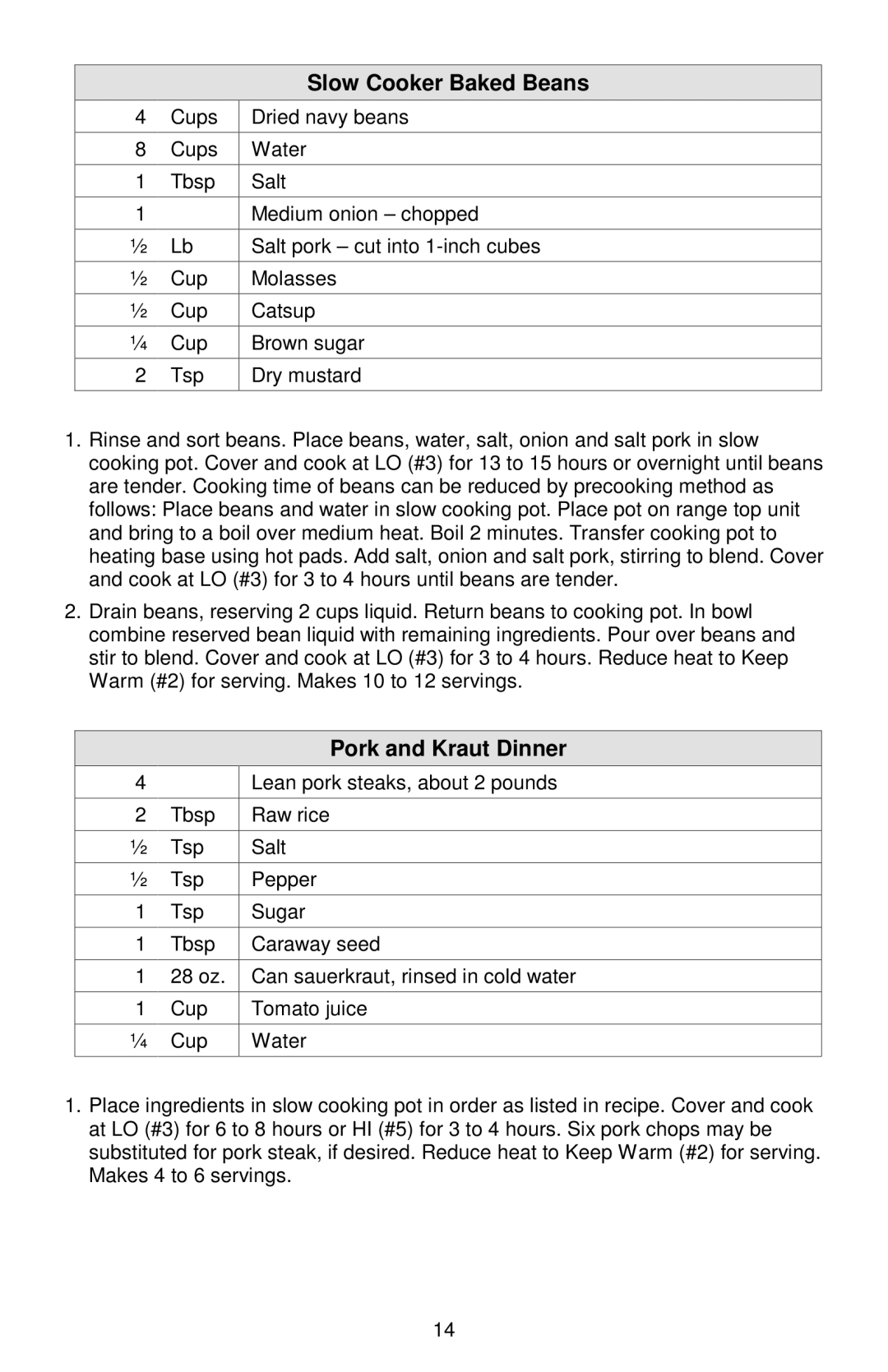 West Bend Cookers instruction manual Slow Cooker Baked Beans, Pork and Kraut Dinner 