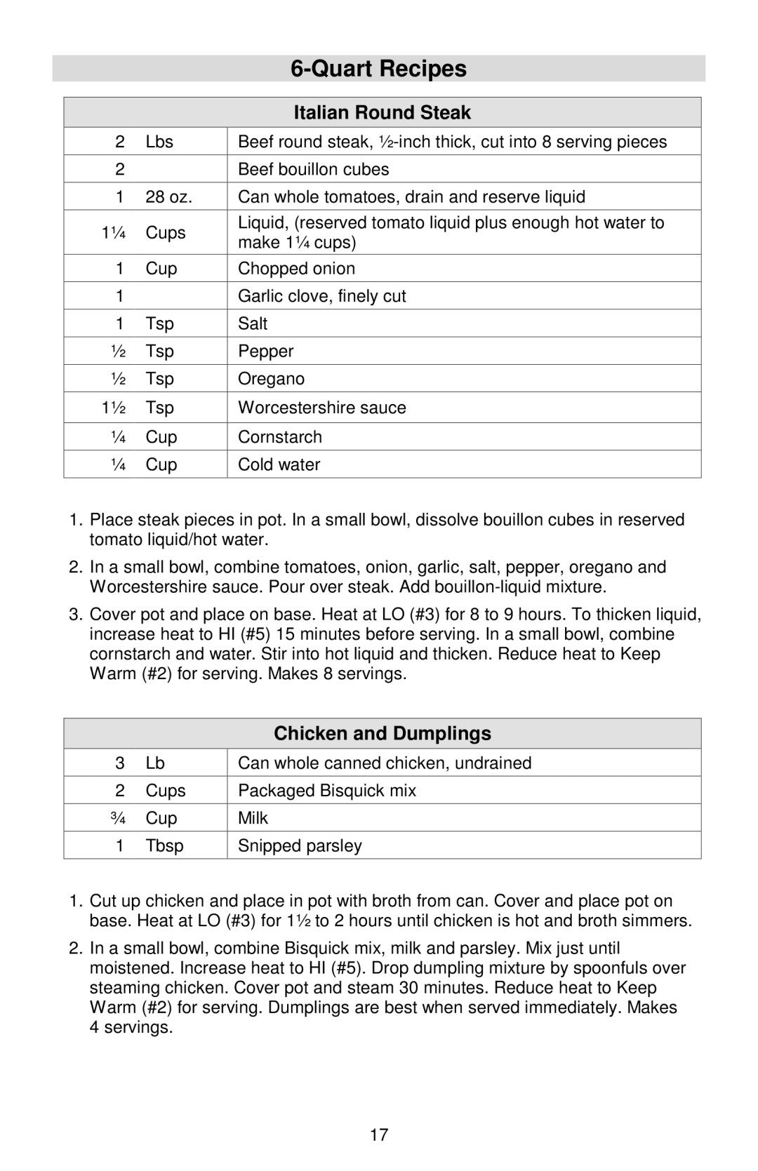 West Bend Cookers instruction manual Italian Round Steak, Chicken and Dumplings 