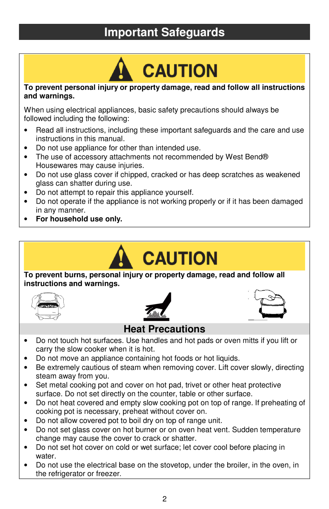 West Bend Cookers instruction manual Important Safeguards, Heat Precautions 