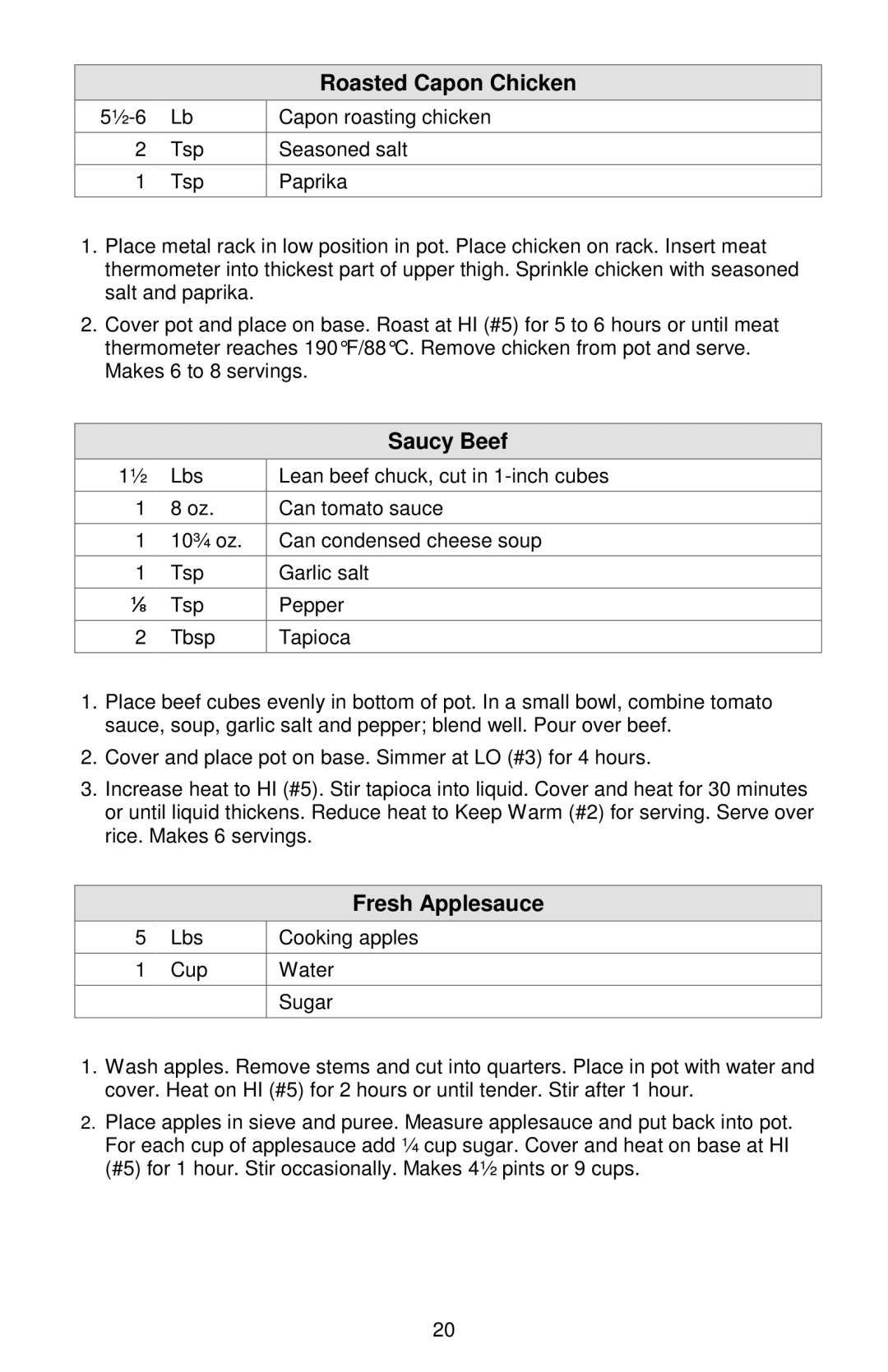 West Bend Cookers instruction manual Roasted Capon Chicken, Saucy Beef, Fresh Applesauce 