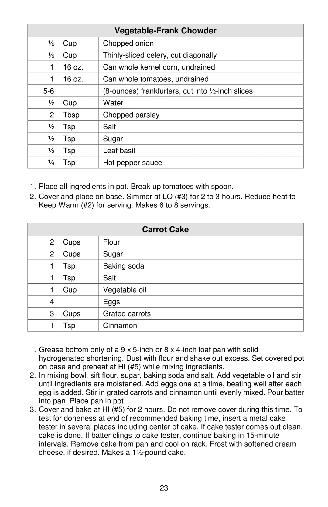 West Bend Cookers instruction manual Vegetable-Frank Chowder, Carrot Cake 