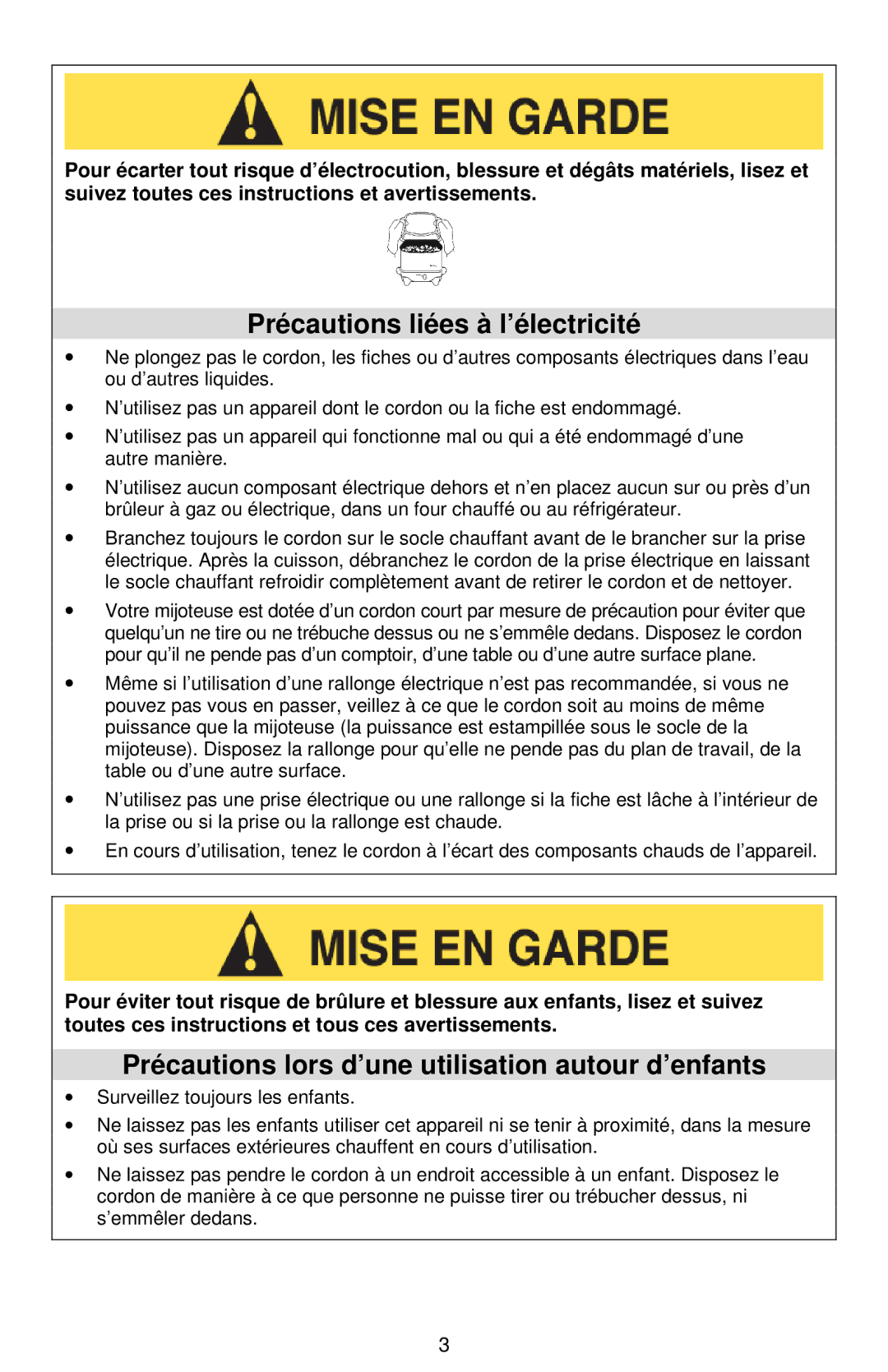 West Bend Cookers instruction manual Précautions liées à l’électricité, Précautions lors d’une utilisation autour d’enfants 