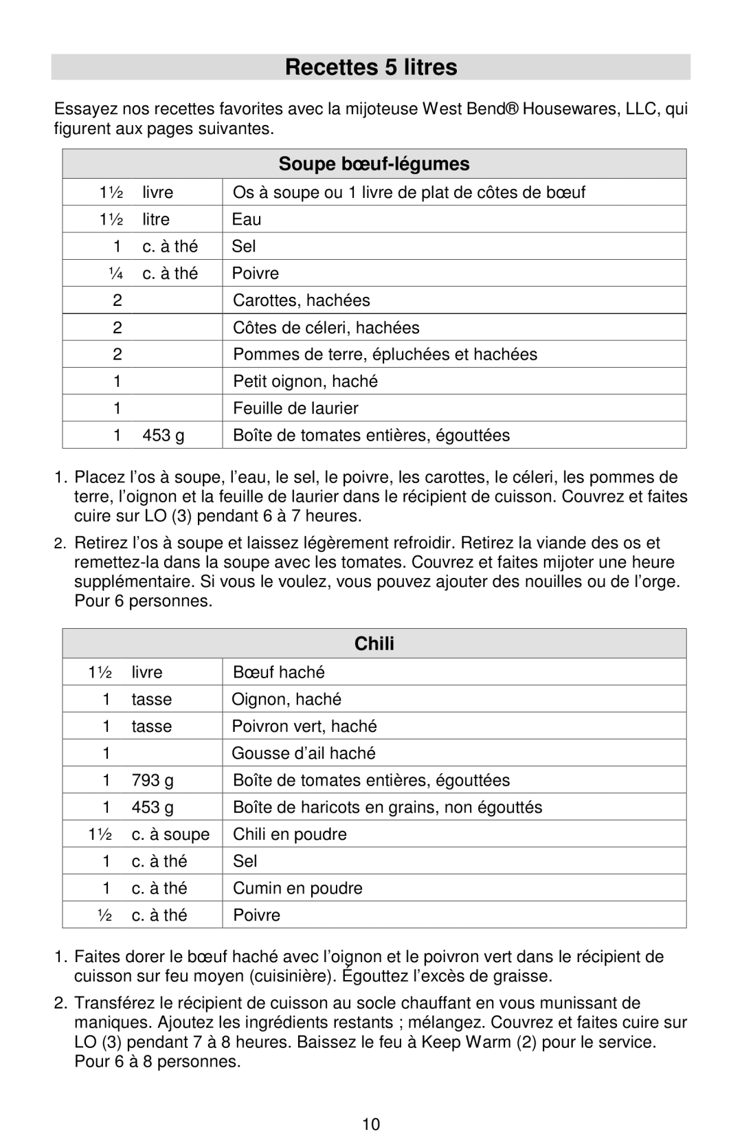 West Bend Cookers instruction manual Recettes 5 litres, Soupe bœuf-légumes 