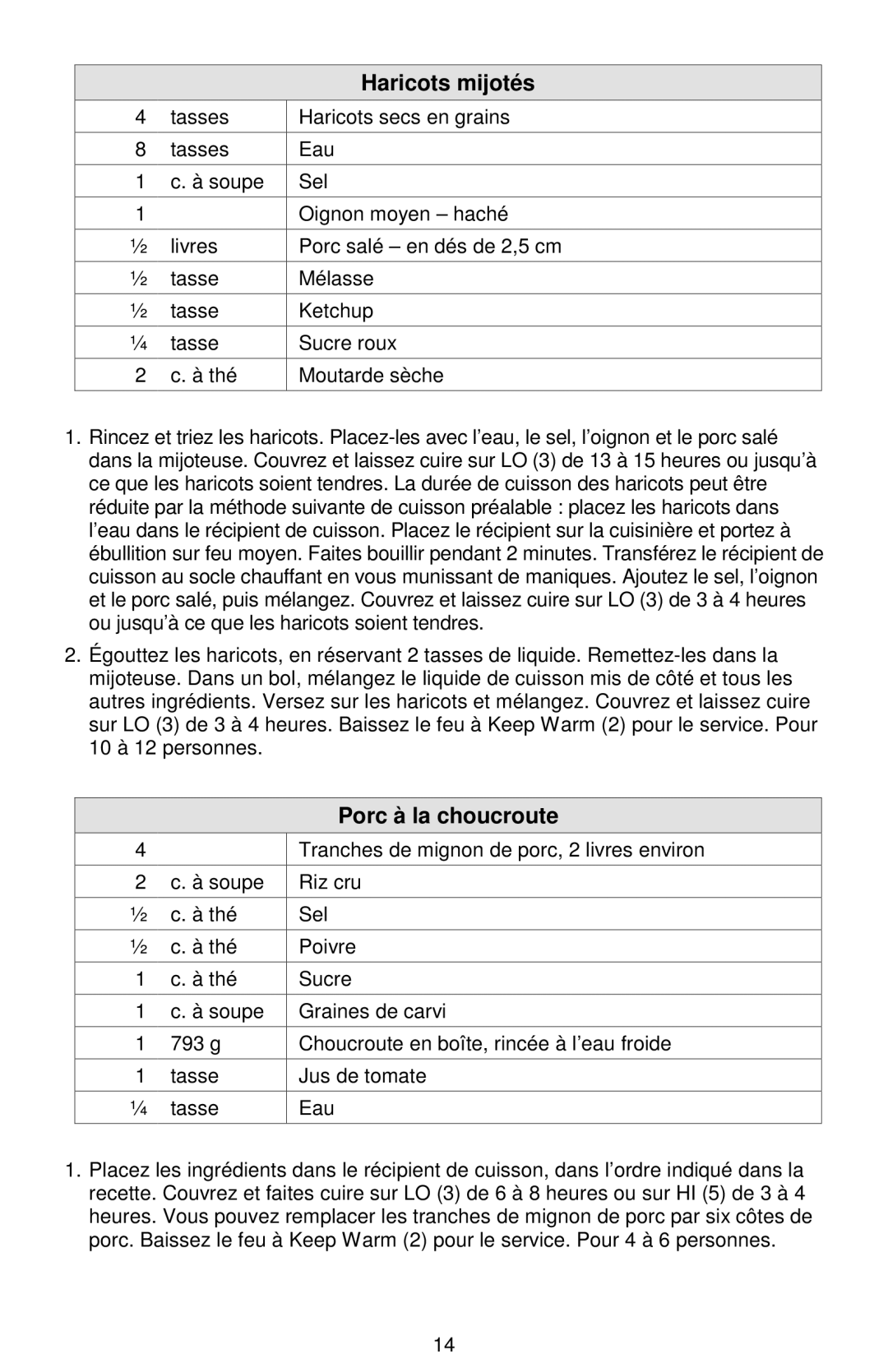 West Bend Cookers instruction manual Haricots mijotés, Porc à la choucroute 