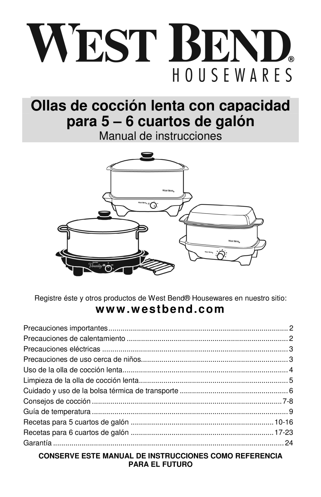 West Bend Cookers instruction manual Manual de instrucciones 