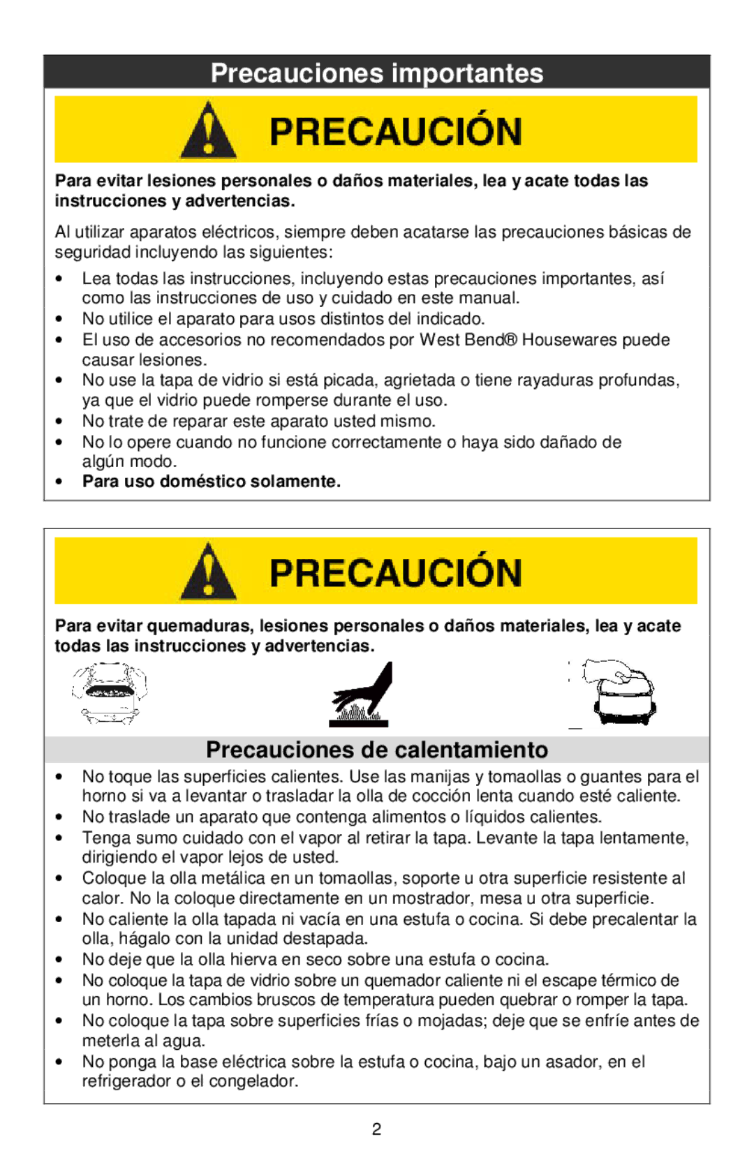 West Bend Cookers instruction manual Precauciones importantes, Precauciones de calentamiento 