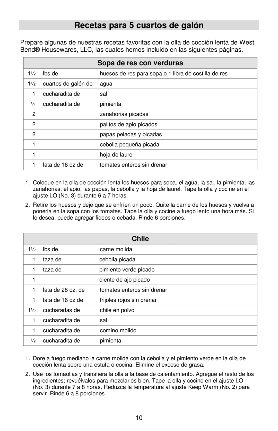 West Bend Cookers instruction manual Recetas para 5 cuartos de galón, Sopa de res con verduras, Chile 