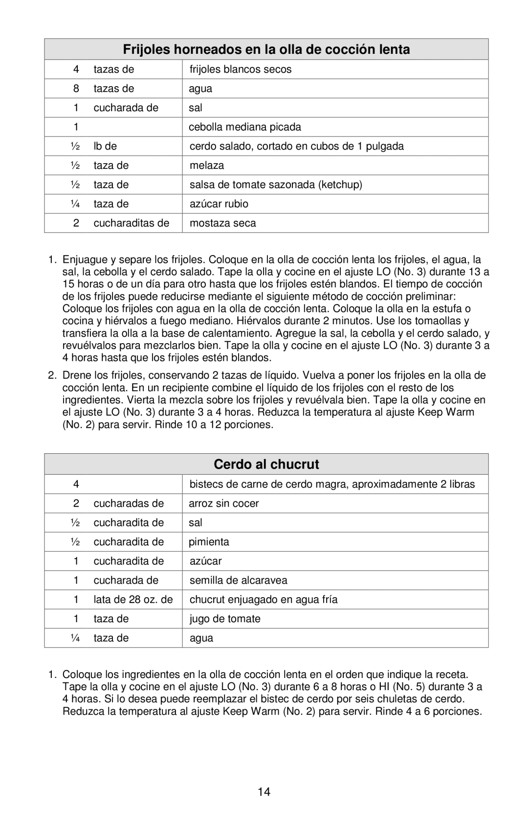 West Bend Cookers instruction manual Frijoles horneados en la olla de cocción lenta, Cerdo al chucrut 