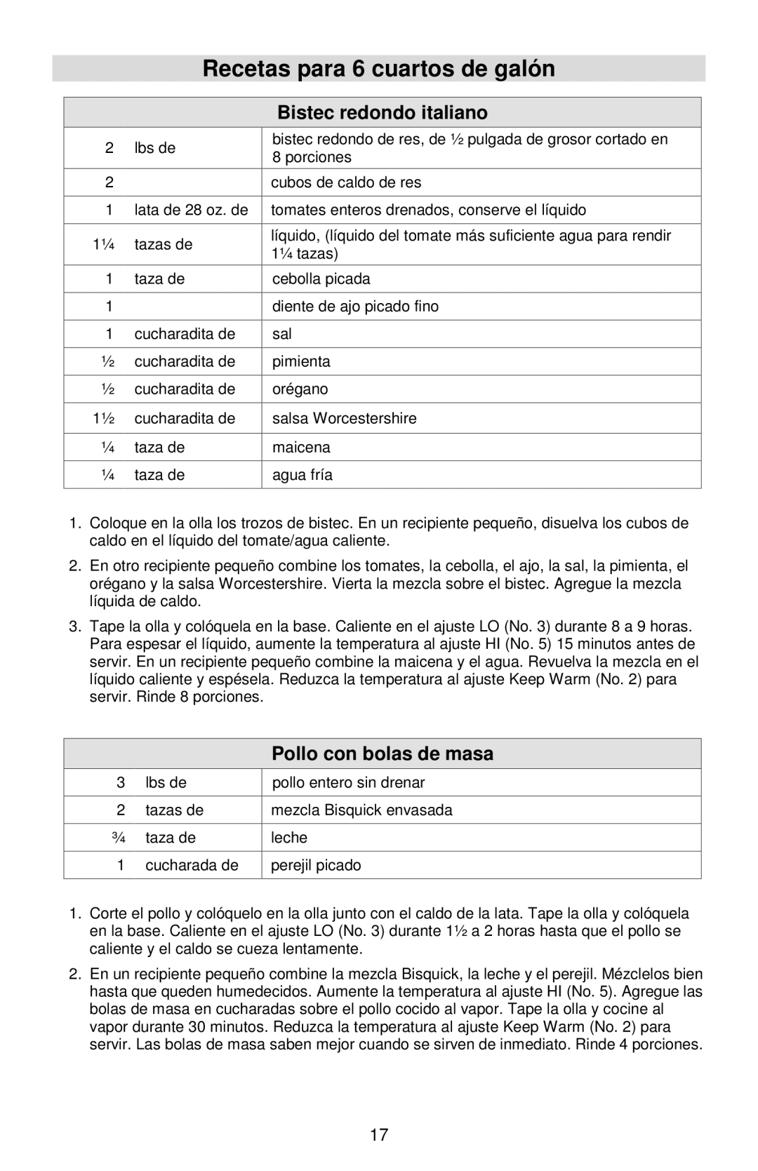 West Bend Cookers instruction manual Recetas para 6 cuartos de galón, Bistec redondo italiano, Pollo con bolas de masa 