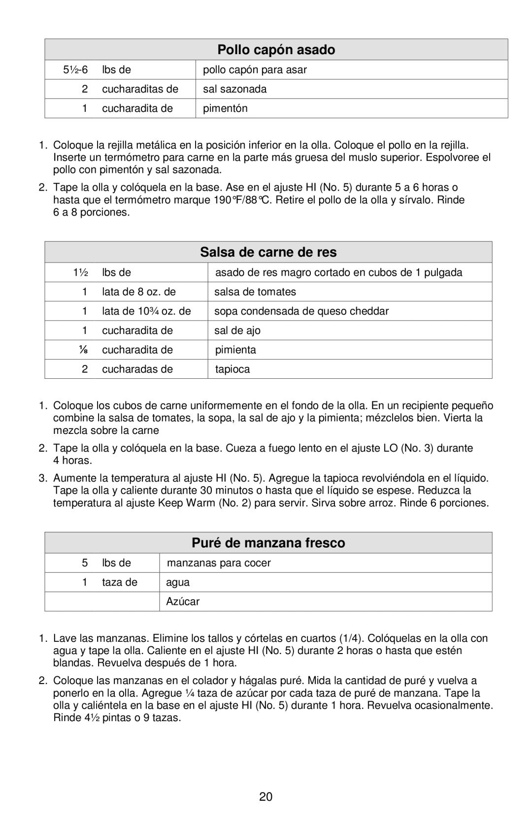 West Bend Cookers instruction manual Pollo capón asado, Salsa de carne de res, Puré de manzana fresco 