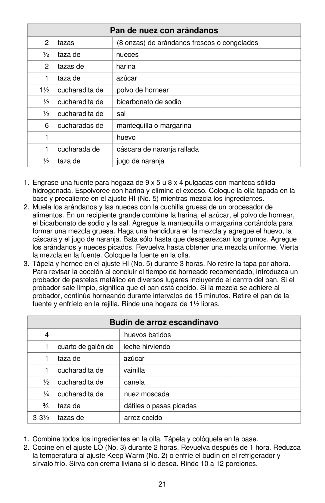 West Bend Cookers instruction manual Pan de nuez con arándanos, Budín de arroz escandinavo 