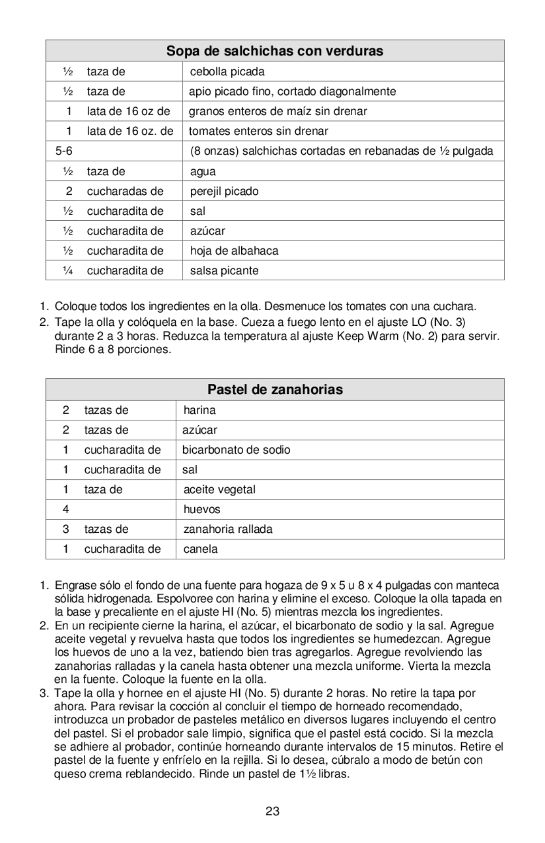 West Bend Cookers instruction manual Sopa de salchichas con verduras, Pastel de zanahorias 