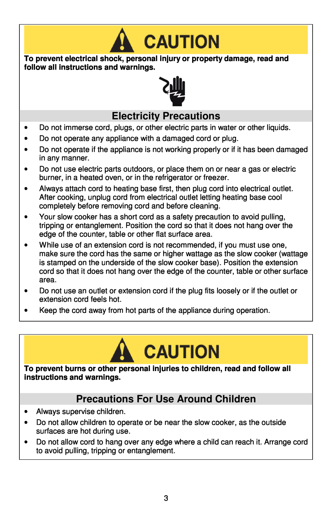 West Bend Cookers instruction manual Electricity Precautions, Precautions For Use Around Children 