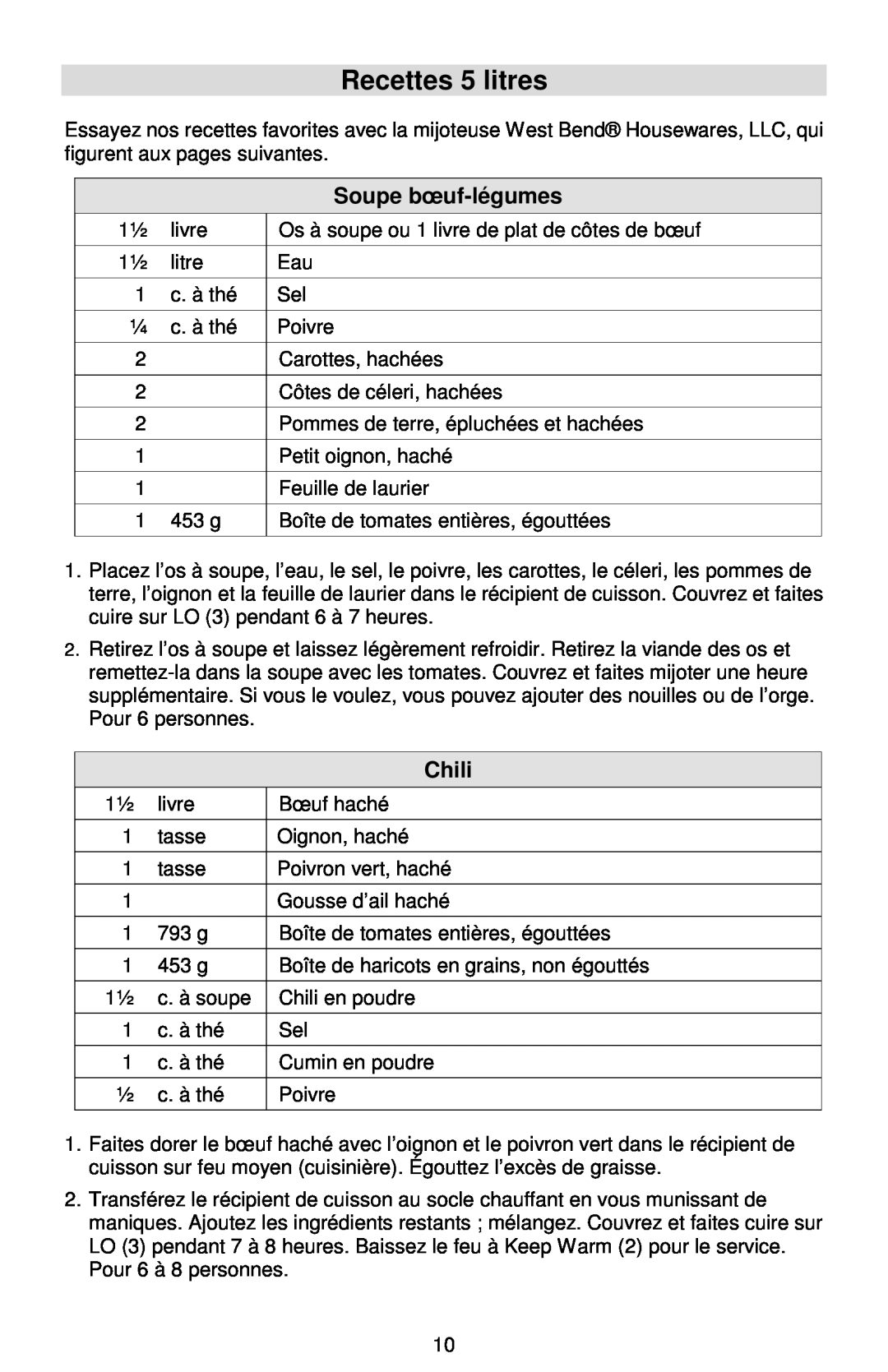 West Bend Cookers instruction manual Recettes 5 litres, Soupe bœuf-légumes, Chili 