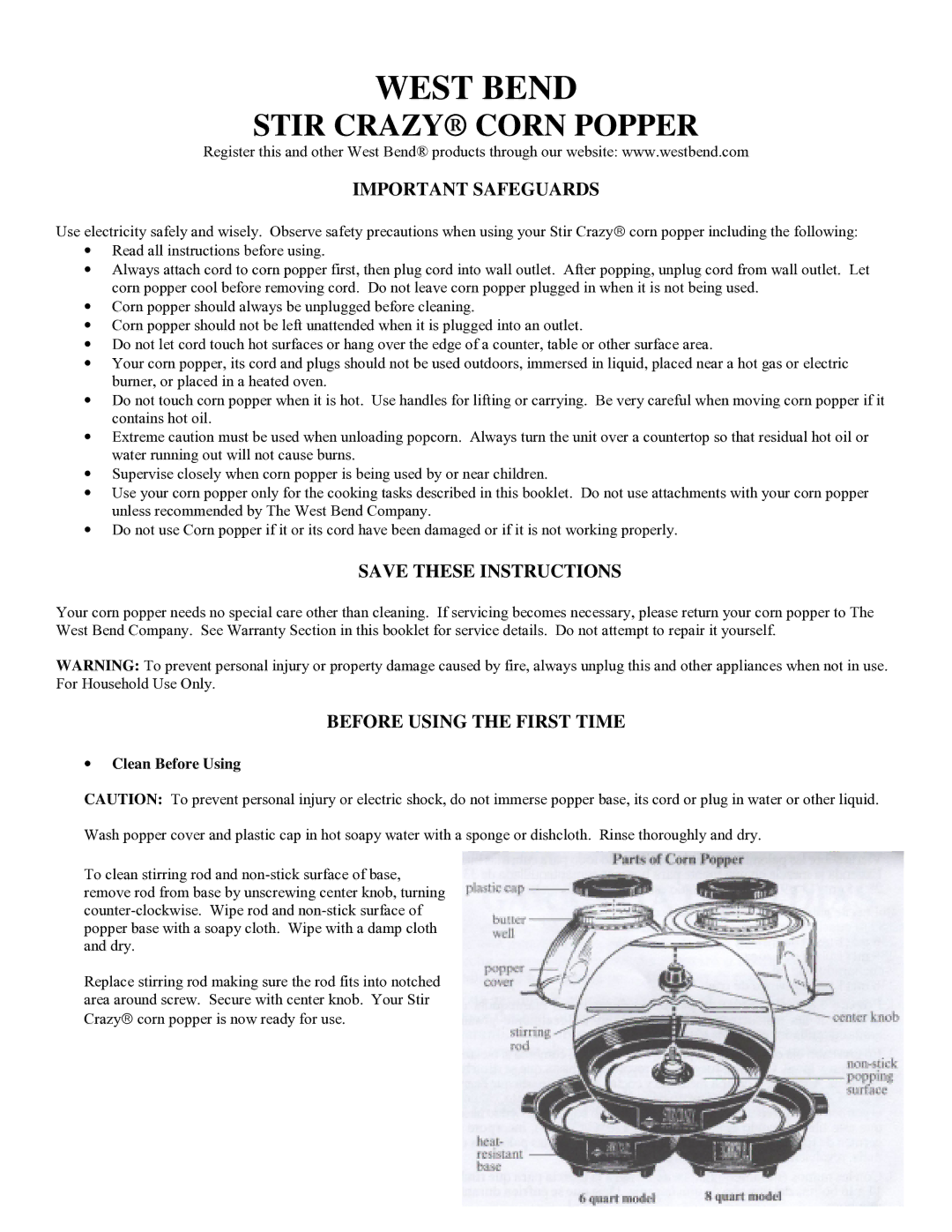 West Bend Corn Popper warranty Important Safeguards, Before Using the First Time, Clean Before Using 